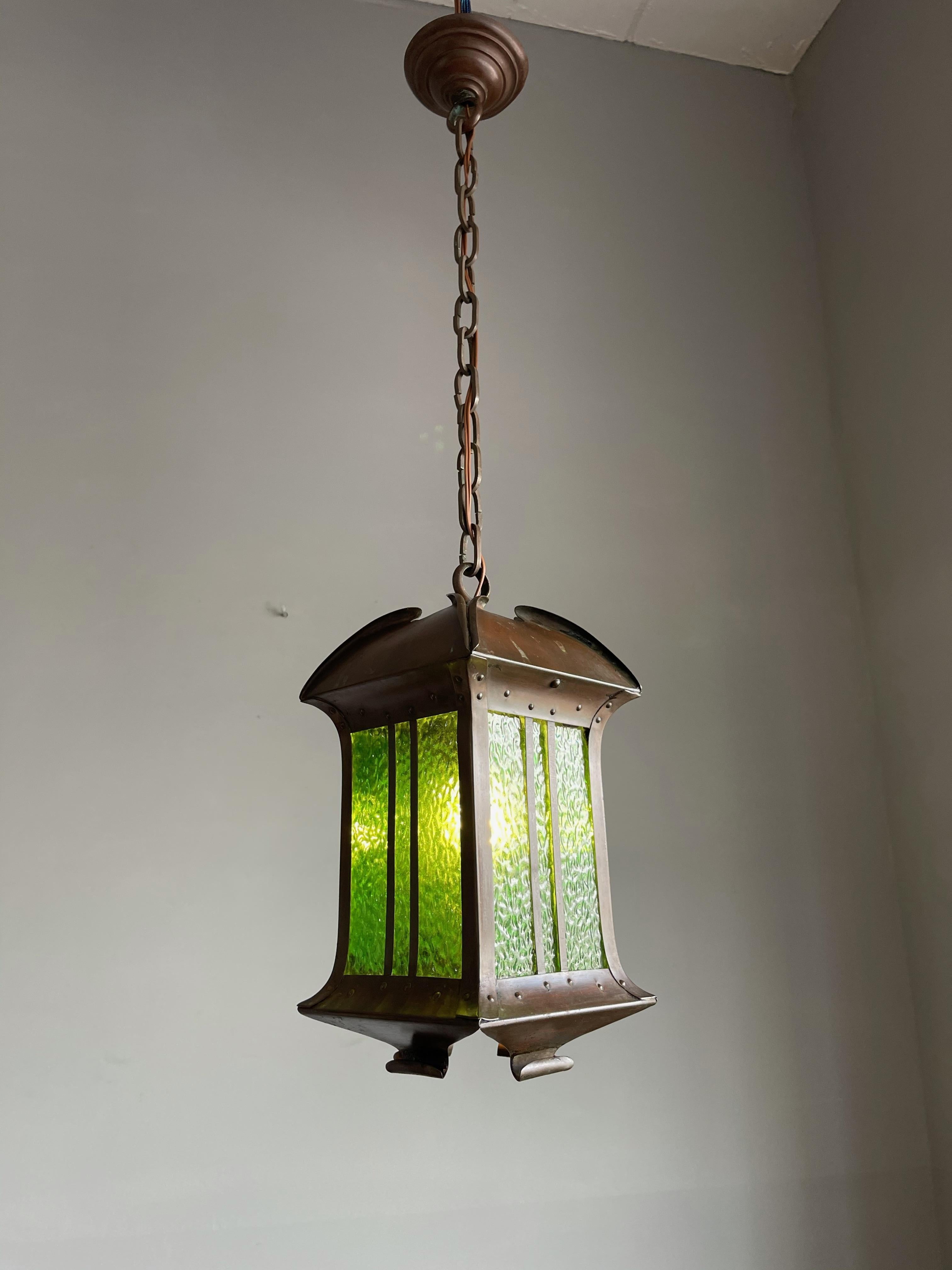Rare Arts & Crafts Pendant Light / Lantern Patinated Copper & Cathedral Glass 10