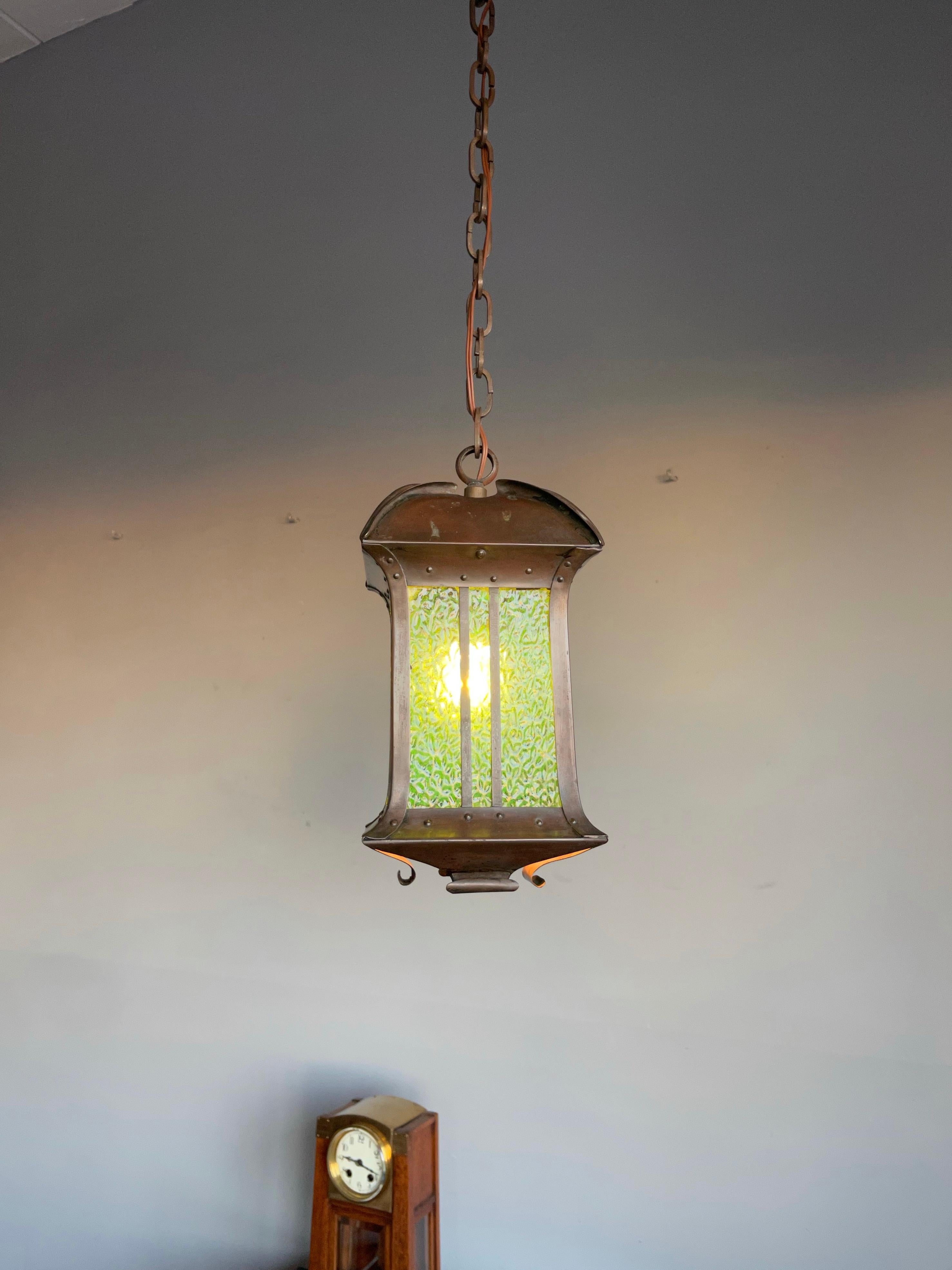 Rare Arts & Crafts Pendant Light / Lantern Patinated Copper & Cathedral Glass 13