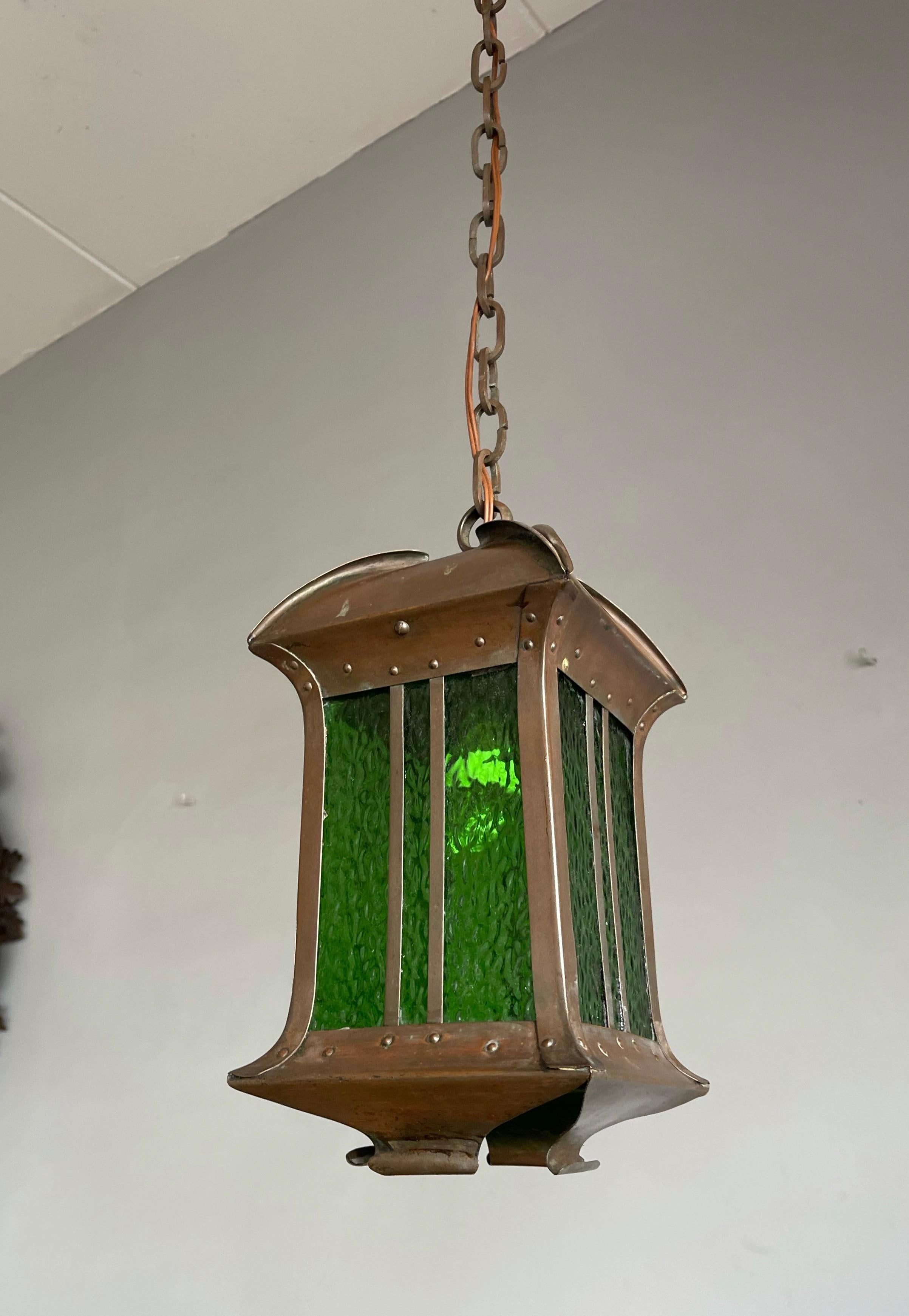 Arts and Crafts Rare Arts & Crafts Pendant Light / Lantern Patinated Copper & Cathedral Glass