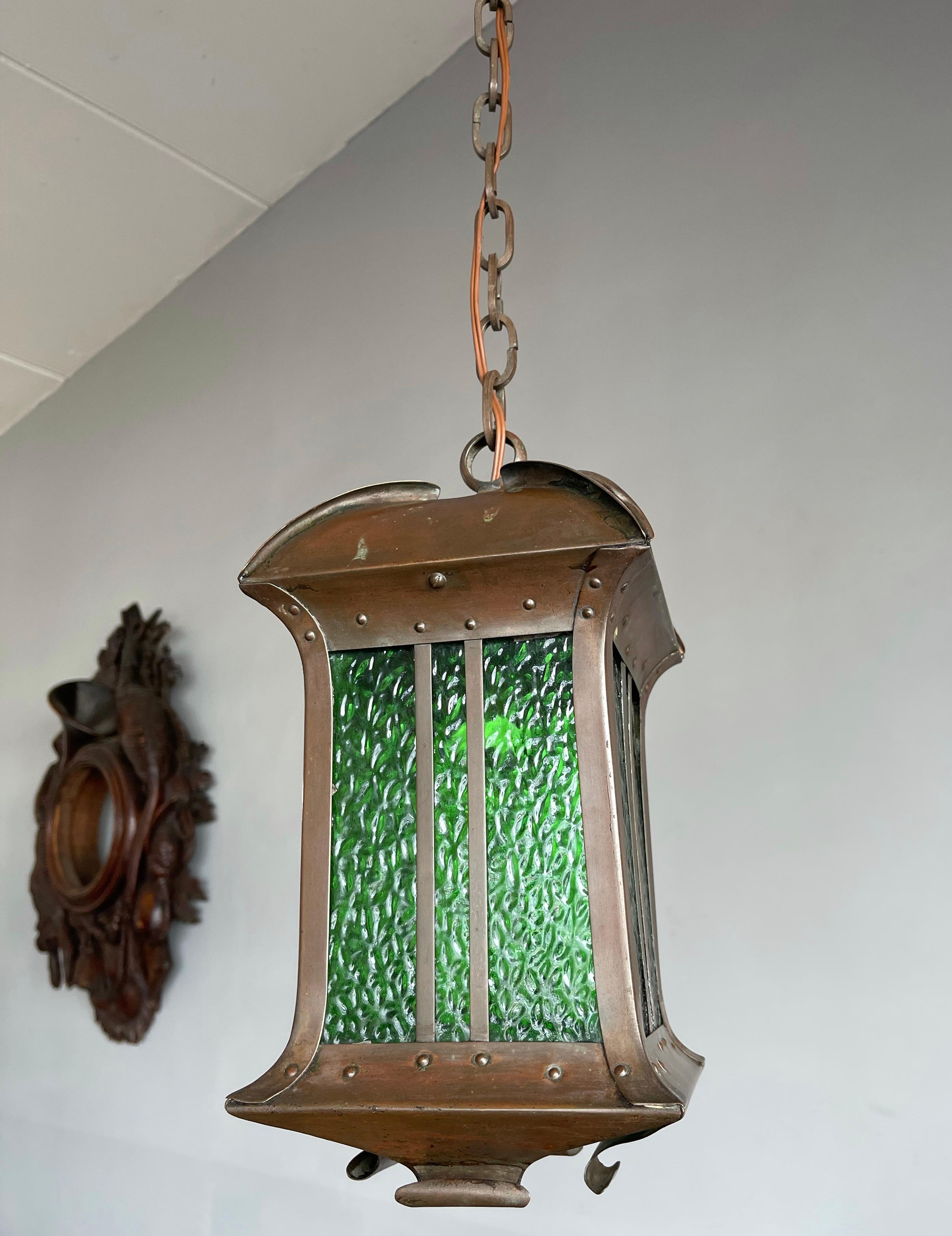 European Rare Arts & Crafts Pendant Light / Lantern Patinated Copper & Cathedral Glass