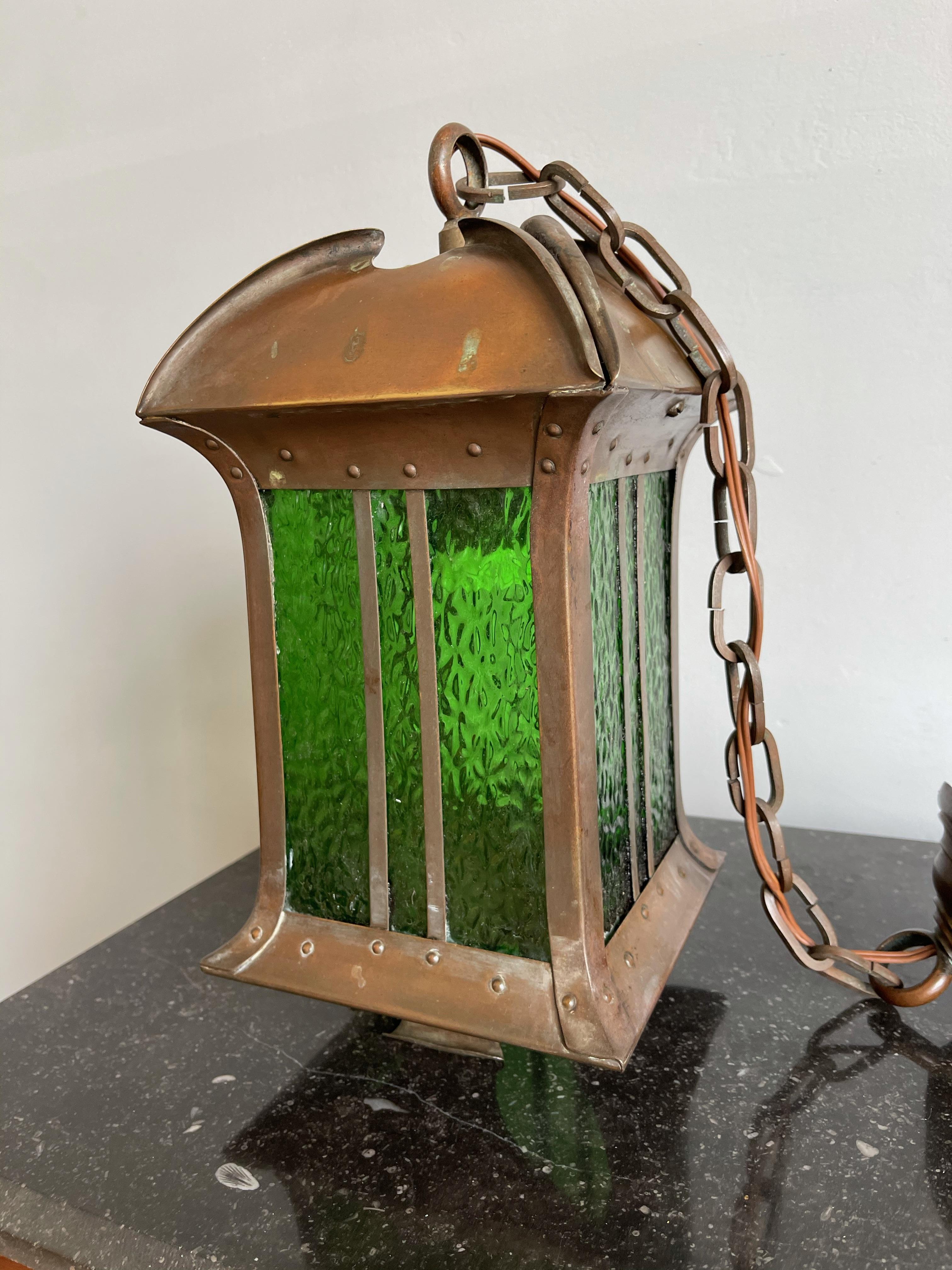 Hand-Crafted Rare Arts & Crafts Pendant Light / Lantern Patinated Copper & Cathedral Glass