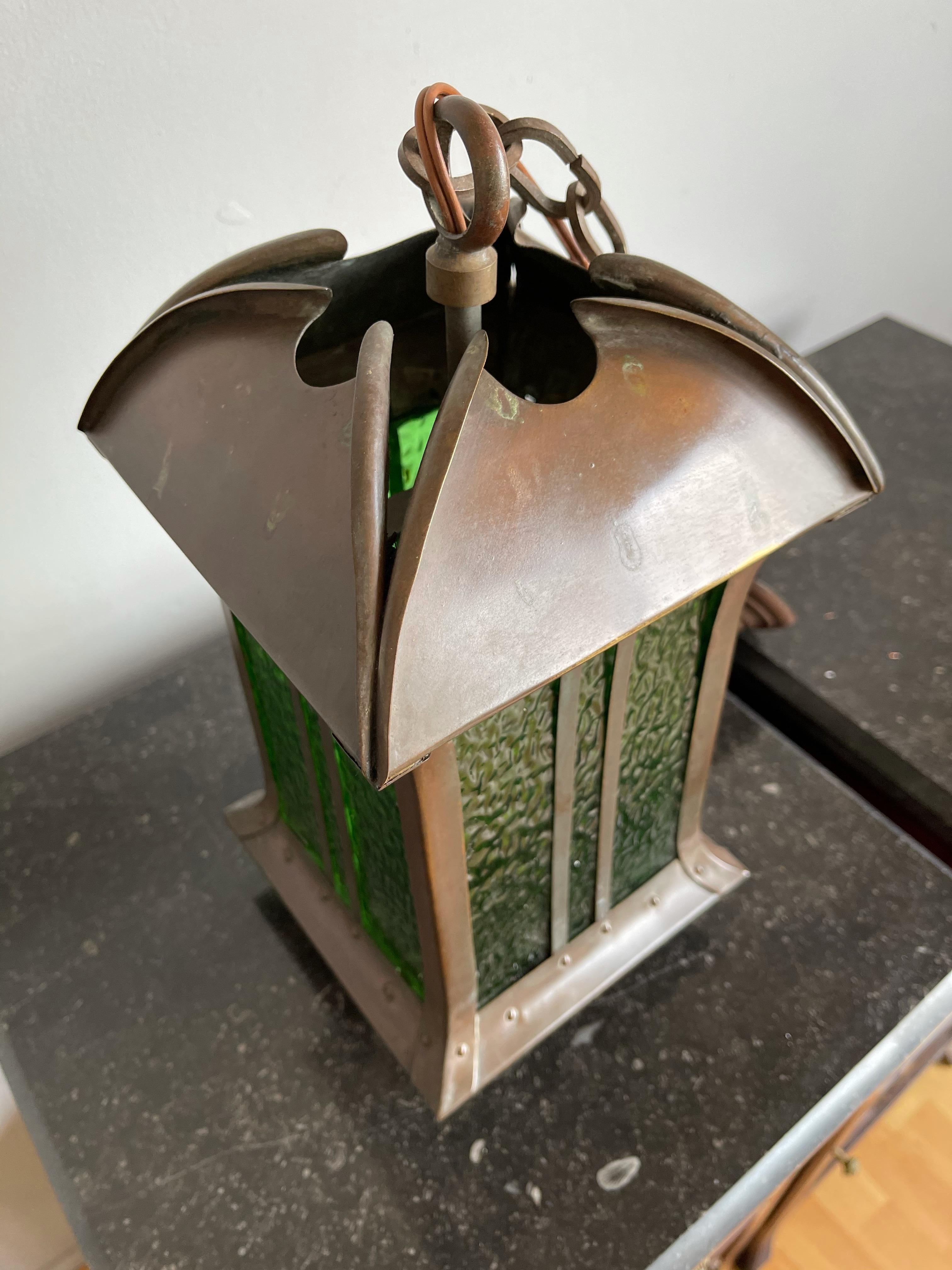 20th Century Rare Arts & Crafts Pendant Light / Lantern Patinated Copper & Cathedral Glass