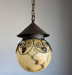 Rare Arts and Crafts Wrought Iron Pendant with Marbled Crackle Glass, 1920s