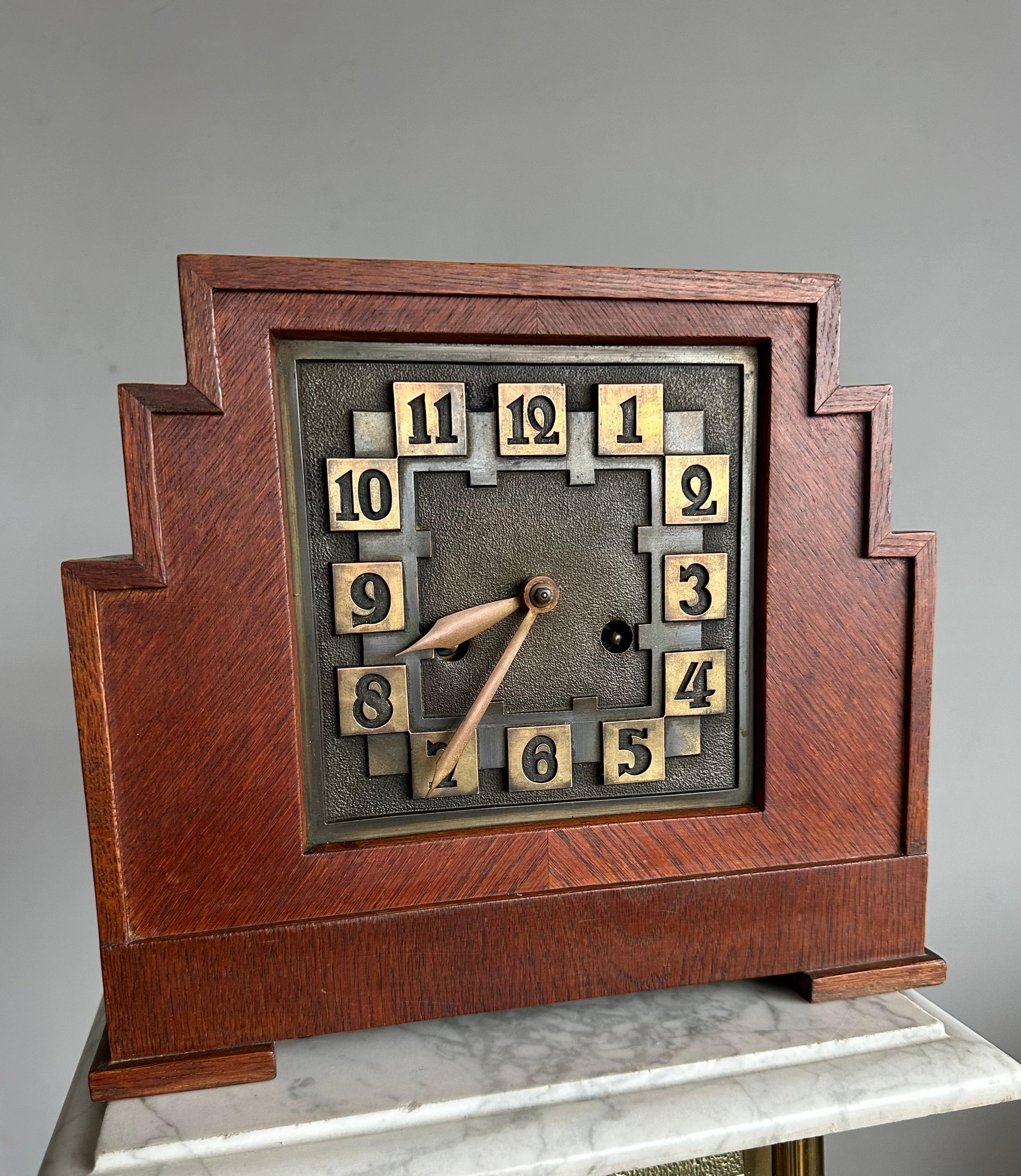 Rare Arts & Crafts Amsterdam School Geometrical Design Oak Mantel Pendulum Clock For Sale 5