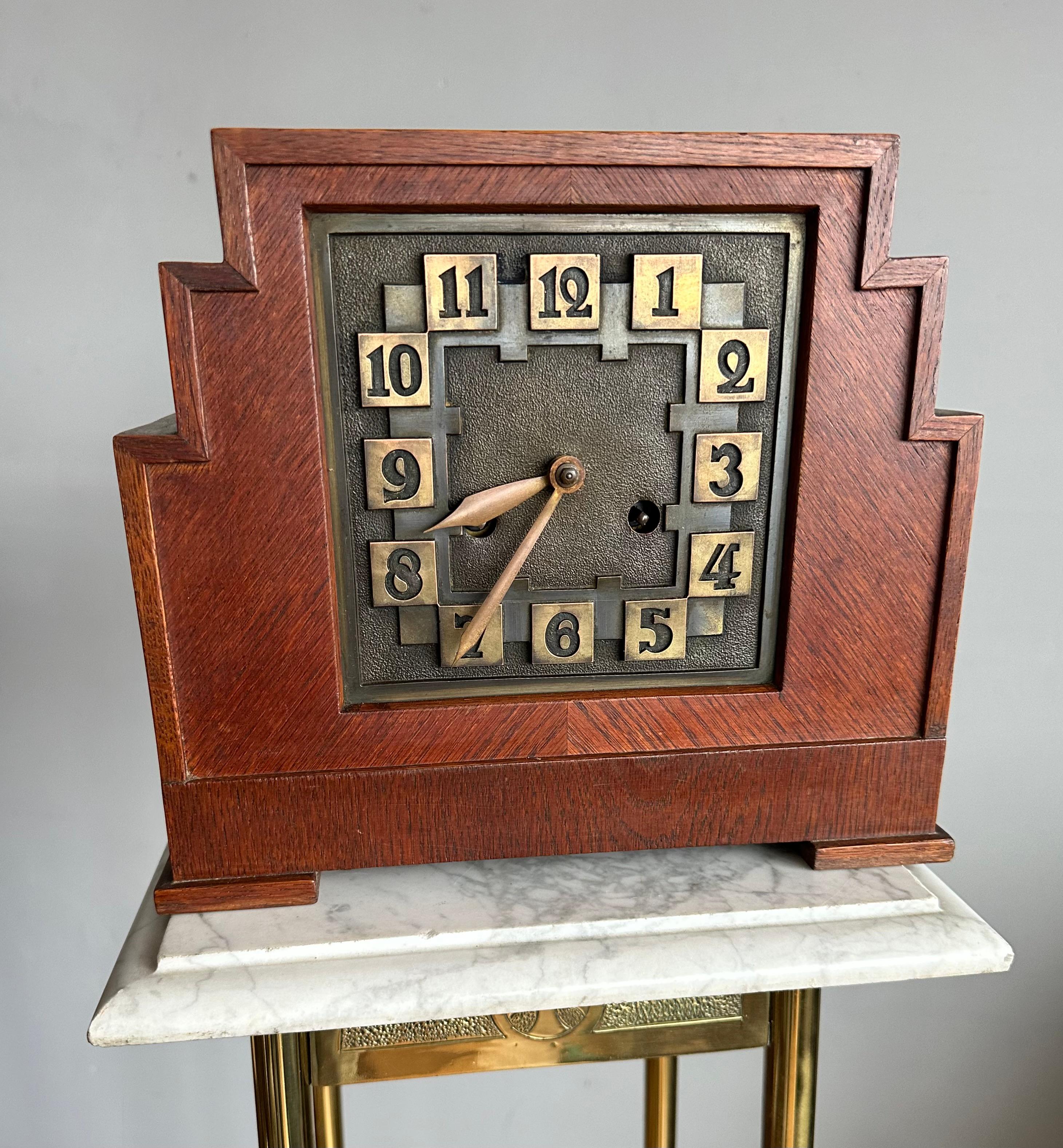 Arts and Crafts Rare Arts & Crafts Amsterdam School Geometrical Design Oak Mantel Pendulum Clock For Sale
