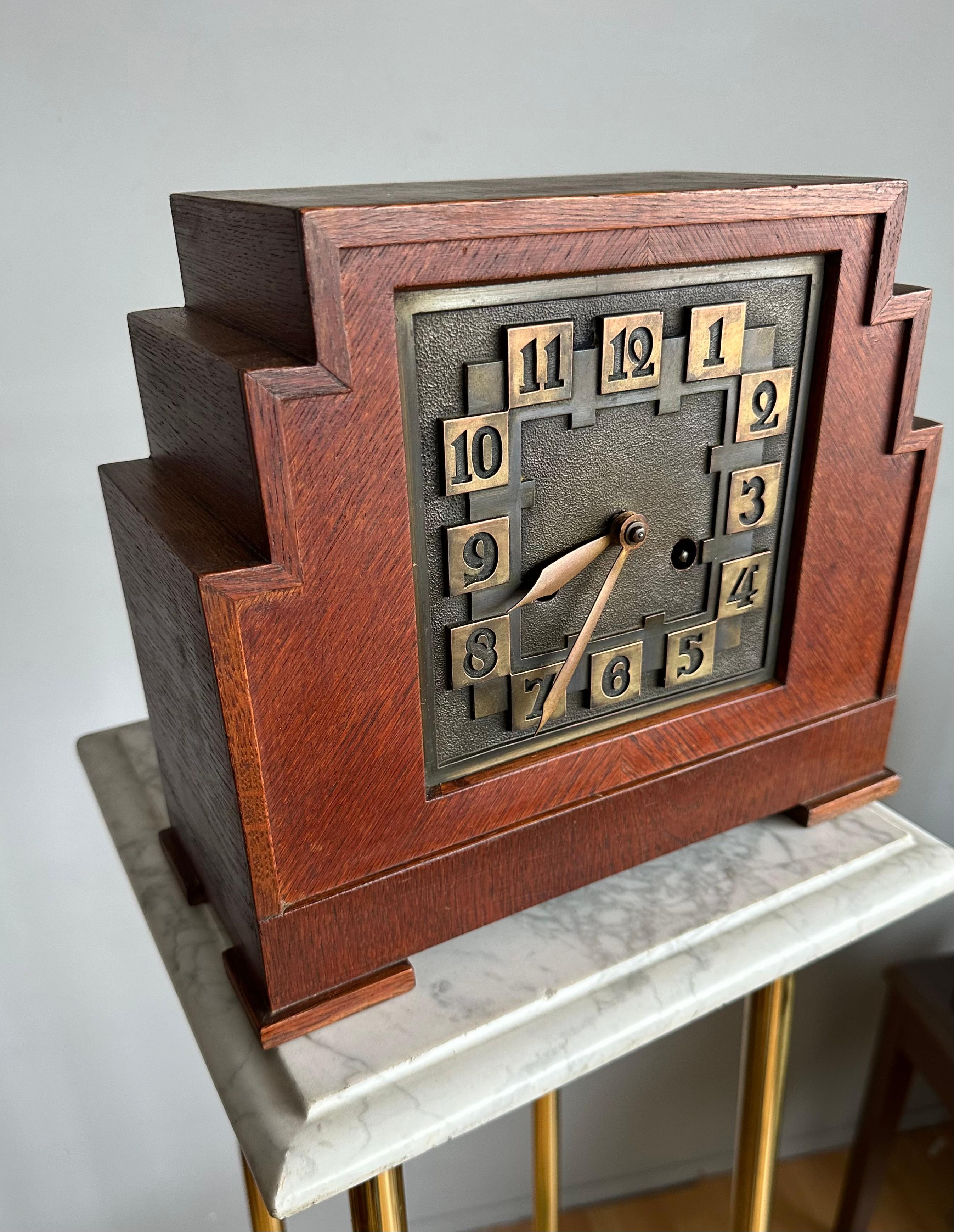 Dutch Rare Arts & Crafts Amsterdam School Geometrical Design Oak Mantel Pendulum Clock For Sale