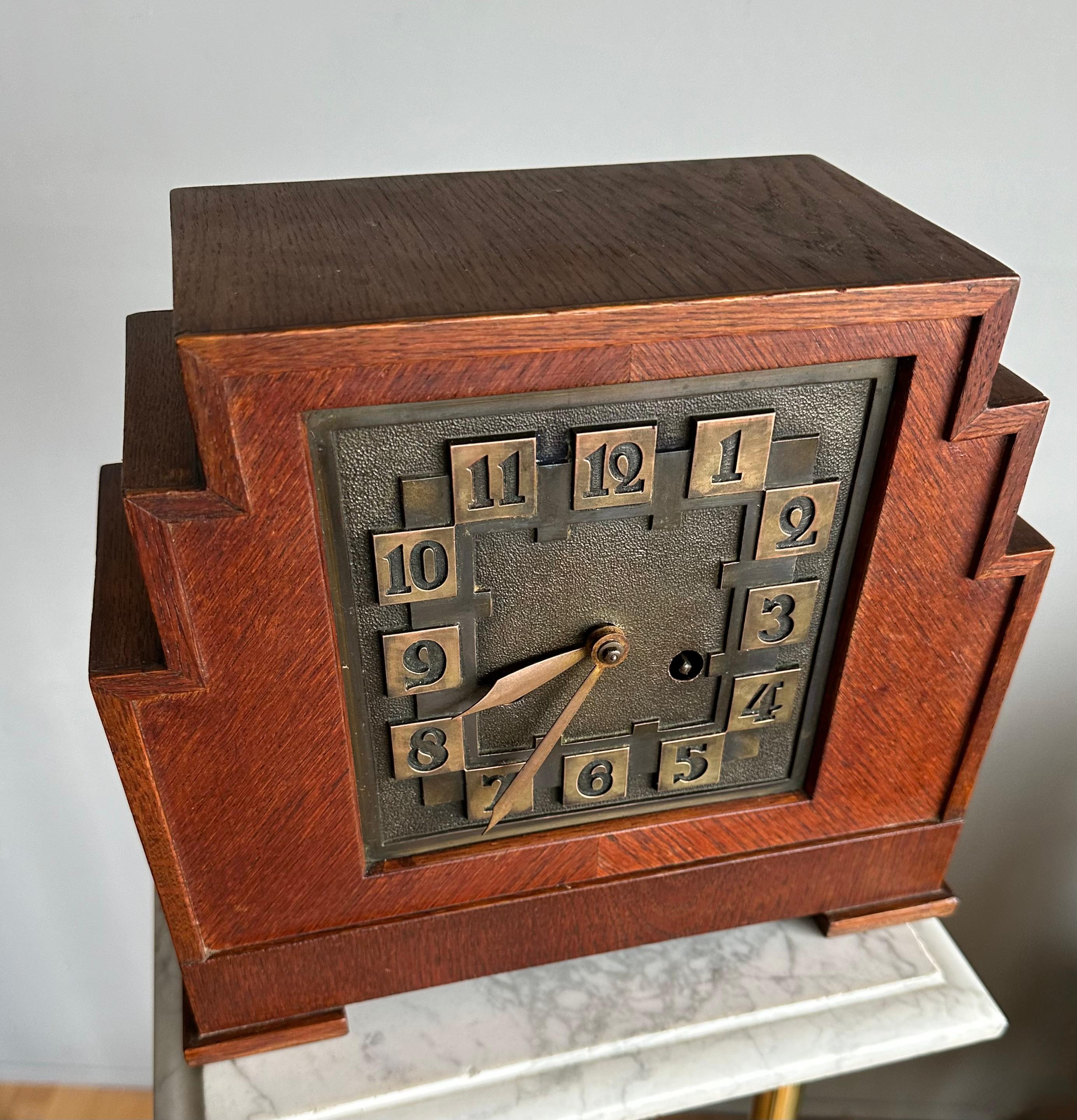 Cast Rare Arts & Crafts Amsterdam School Geometrical Design Oak Mantel Pendulum Clock For Sale