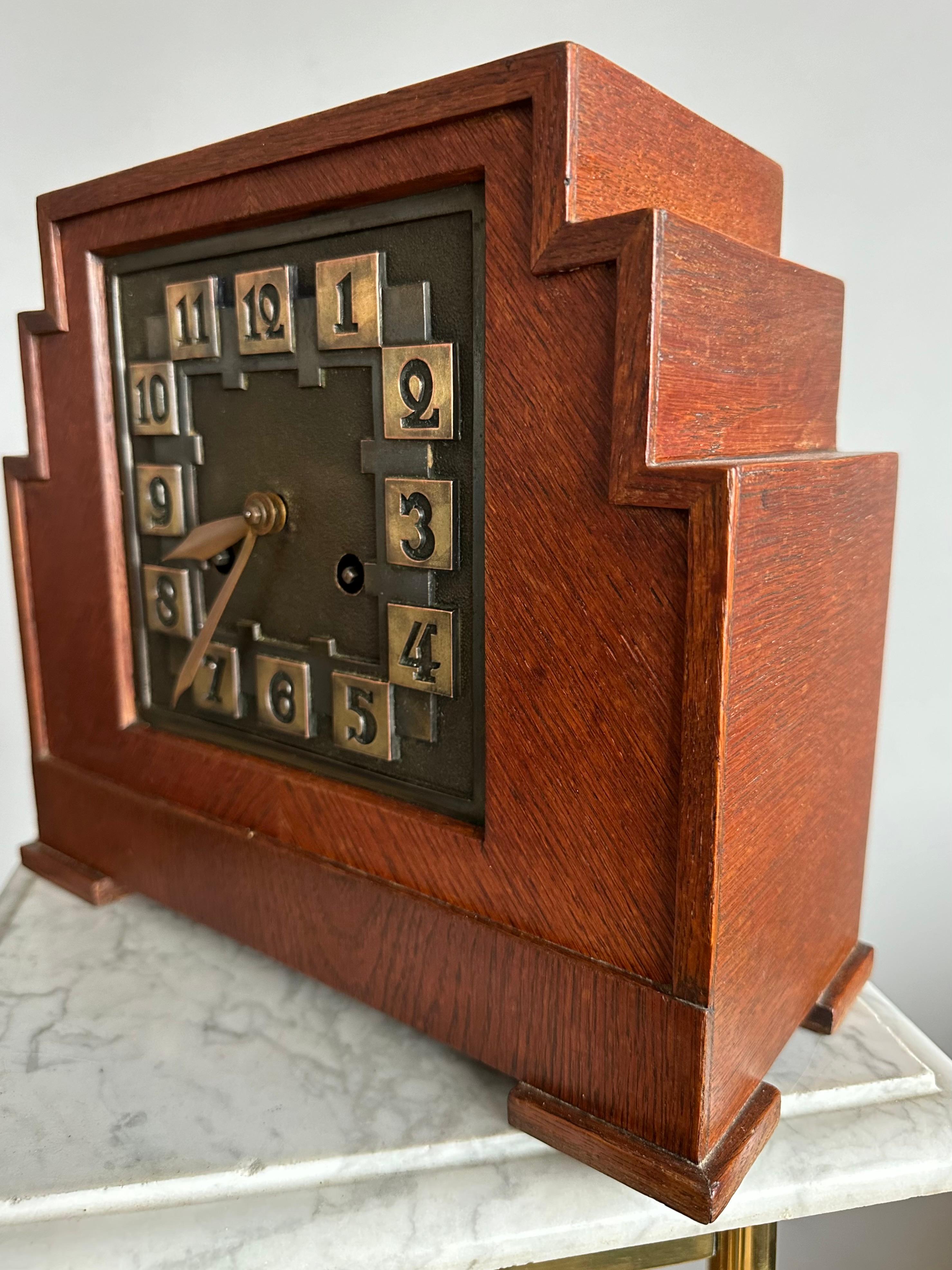 20th Century Rare Arts & Crafts Amsterdam School Geometrical Design Oak Mantel Pendulum Clock For Sale