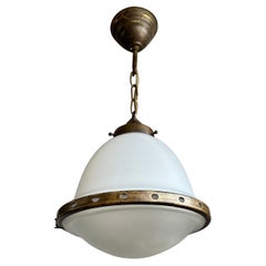 Rare Arts & Crafts Bauhaus Style, Bell Shape Opaline Glass & Brass Pendant Light