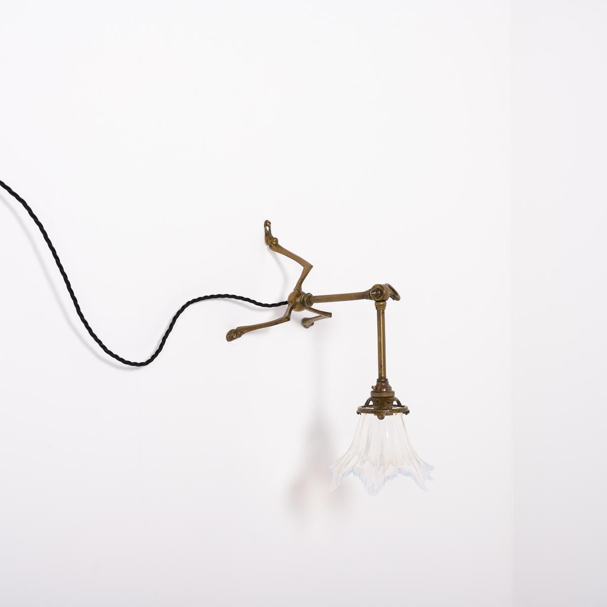 Rare Arts & Crafts Brass Three Legged Wall Lamp with Vaseline Glass Shade 8