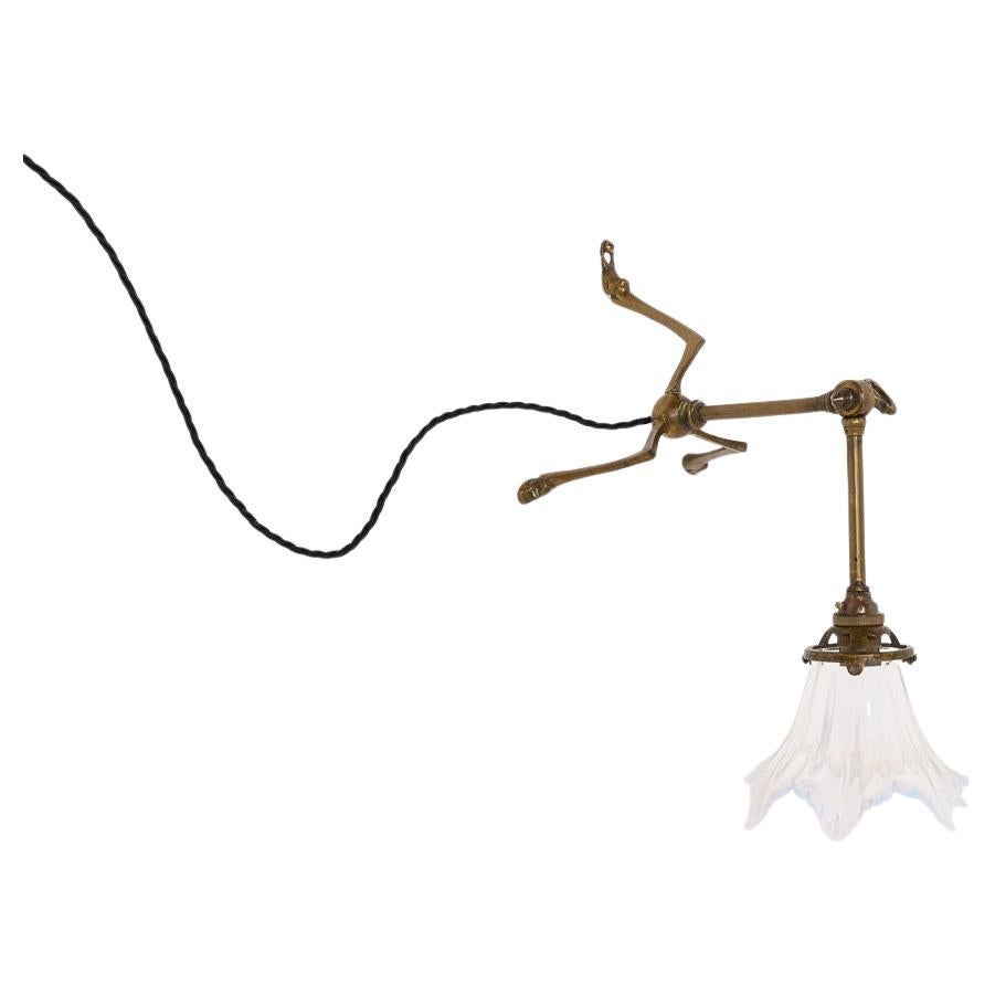 Rare Arts & Crafts Brass Three Legged Wall Lamp with Vaseline Glass Shade
