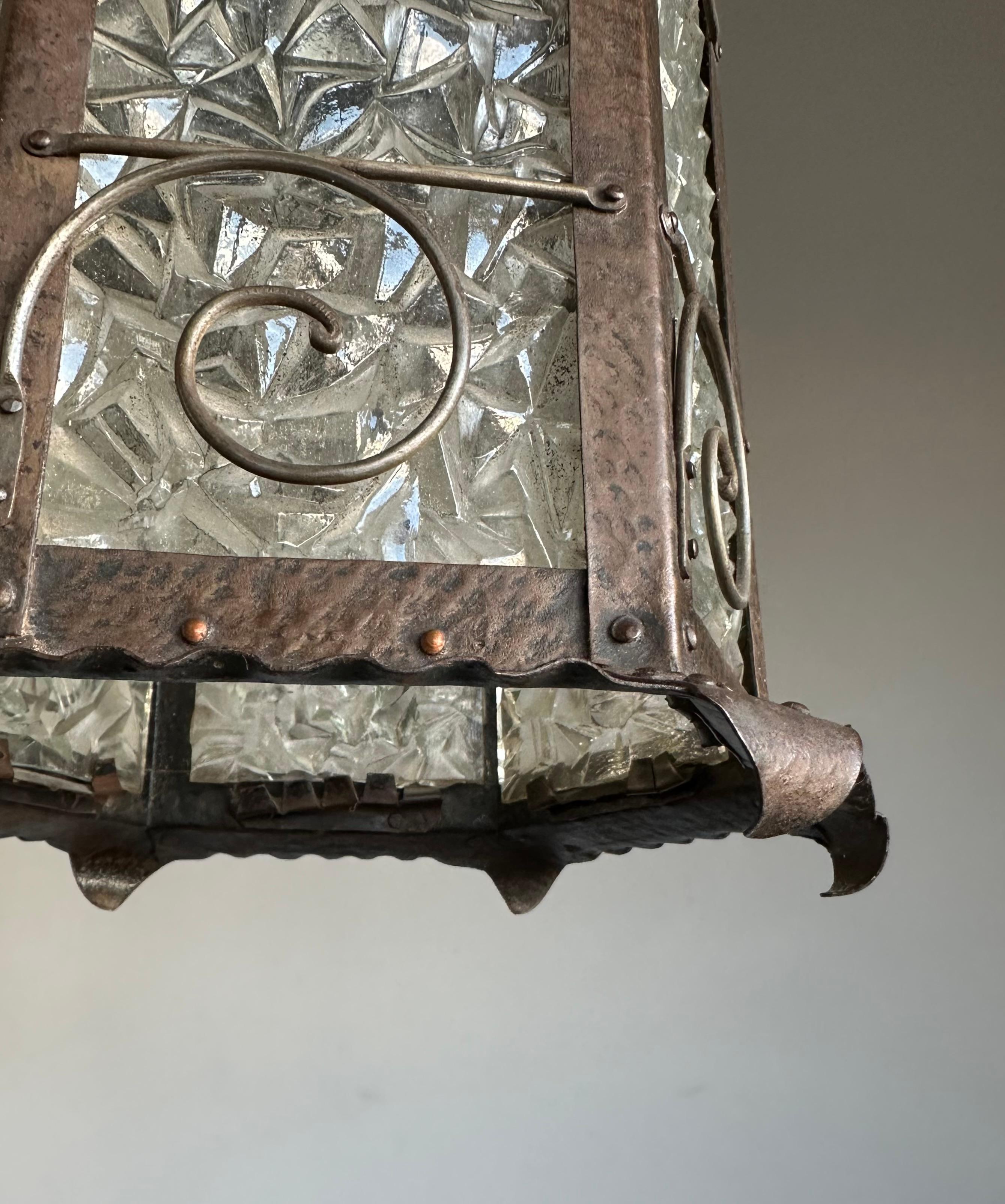 Art Glass Rare Arts & Crafts Castle Tower Design Cathedral Glass Hallway Lantern / Pendant For Sale