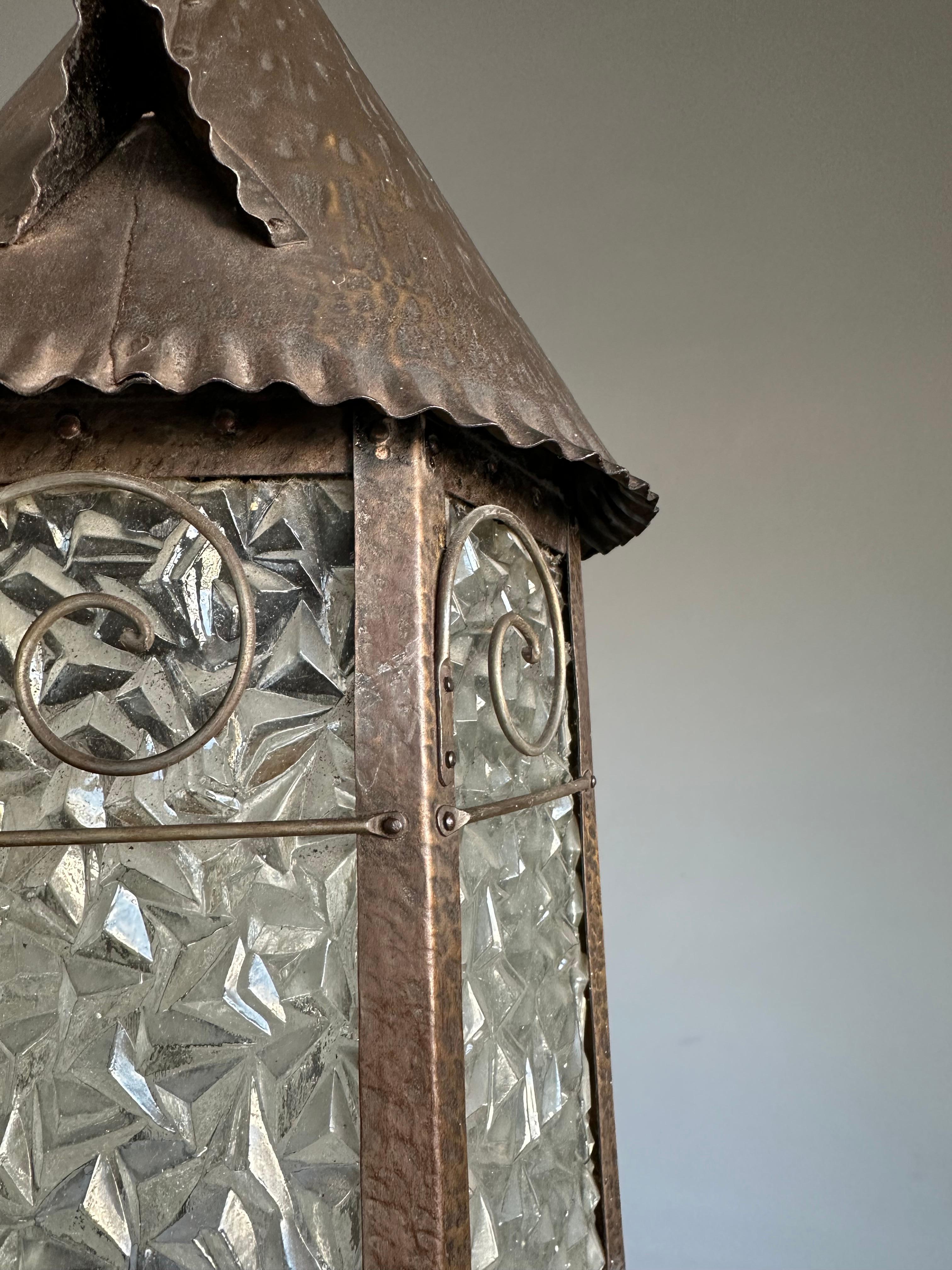 Rare Arts & Crafts Castle Tower Design Cathedral Glass Hallway Lantern / Pendant For Sale 1