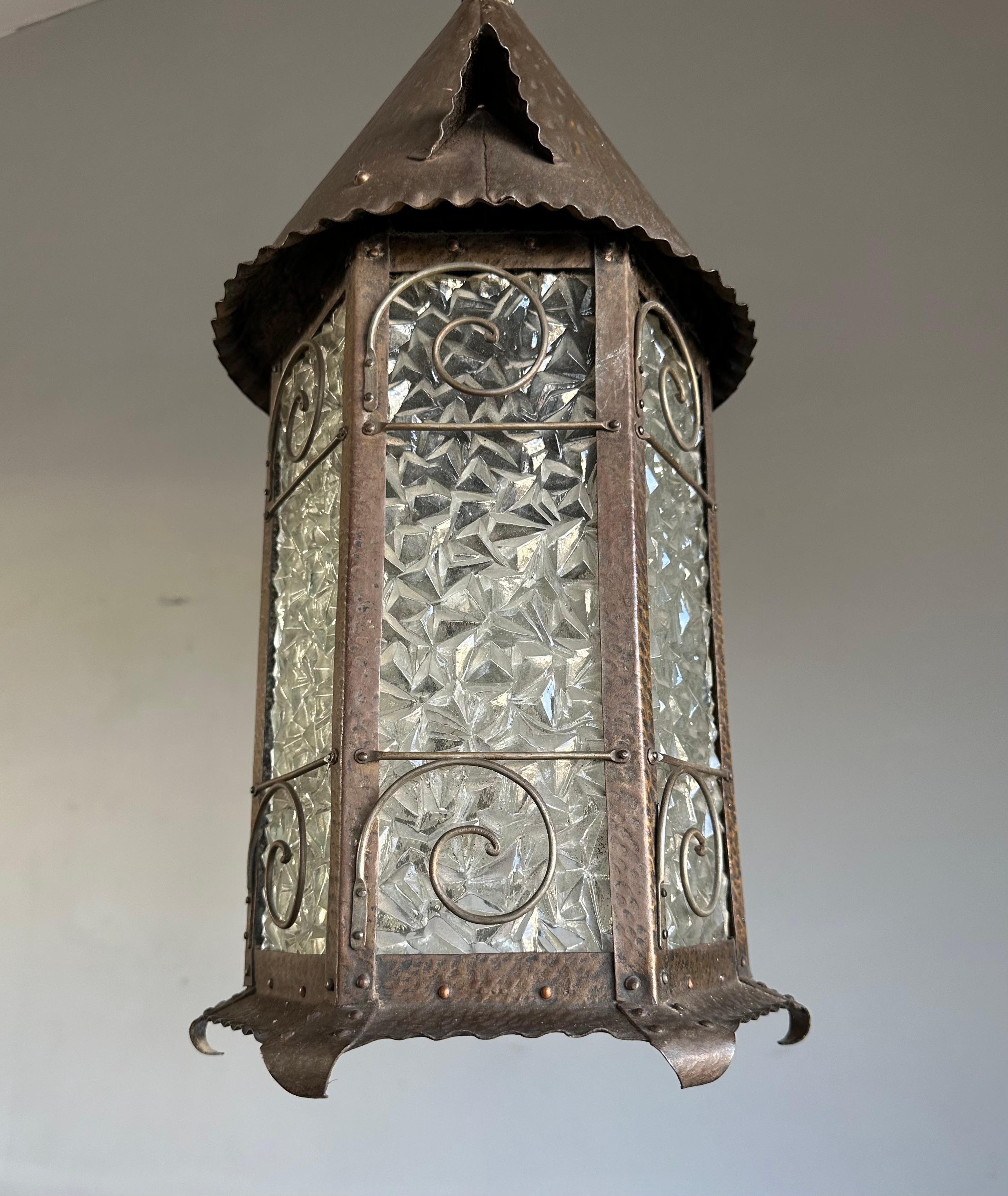 Rare Arts & Crafts Castle Tower Design Cathedral Glass Hallway Lantern / Pendant For Sale 2