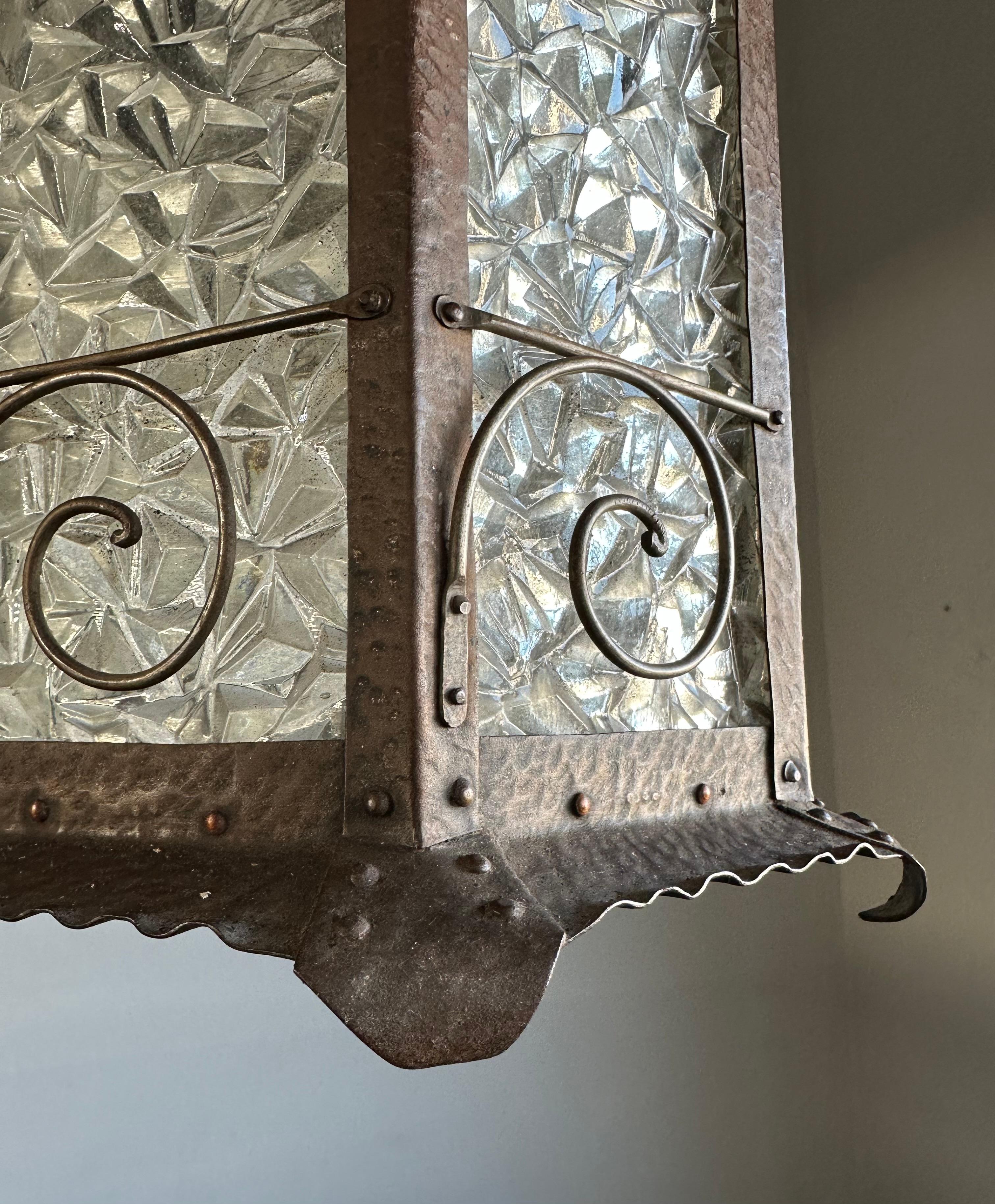 Rare Arts & Crafts Castle Tower Design Cathedral Glass Hallway Lantern / Pendant For Sale 3