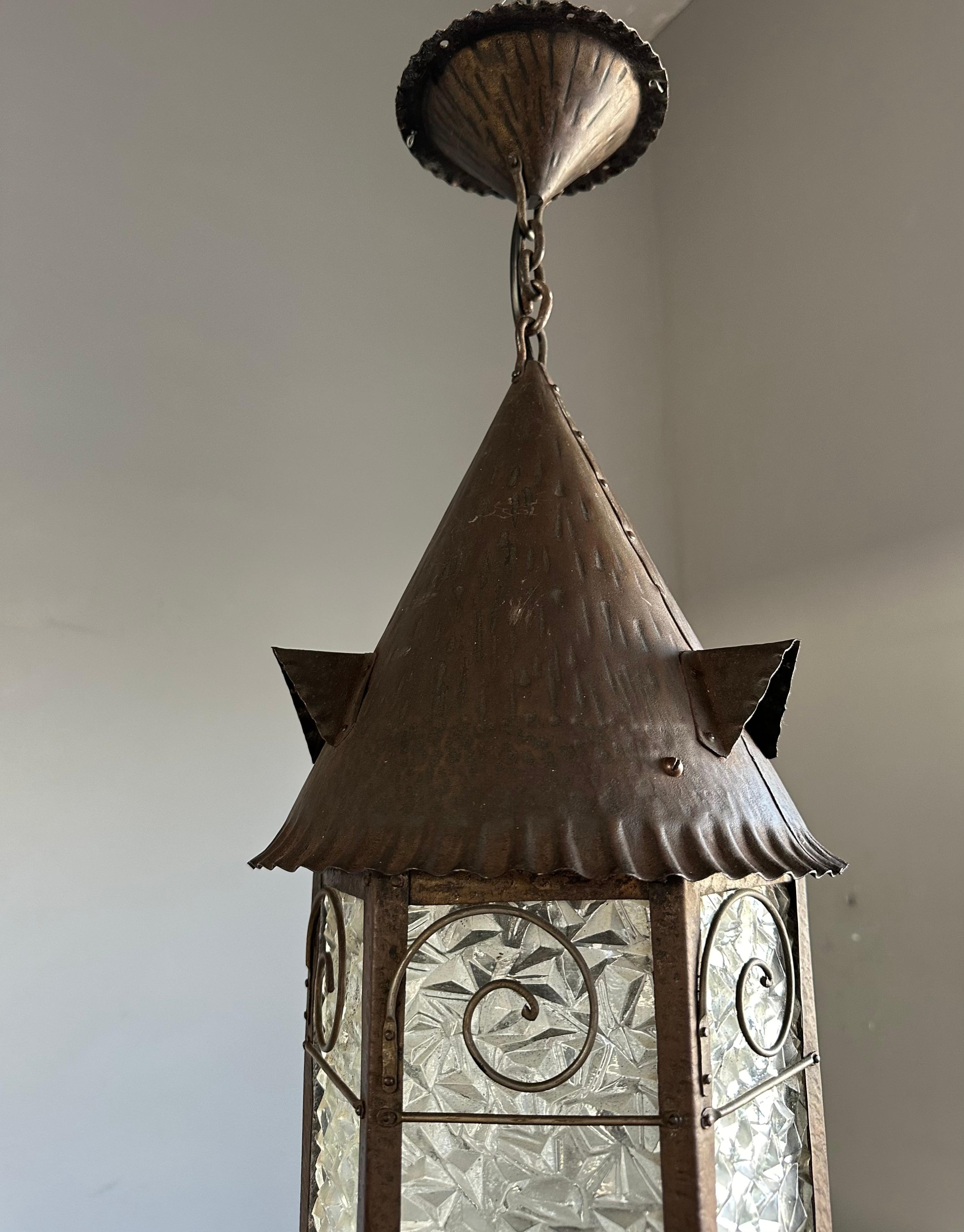 Rare Arts & Crafts Castle Tower Design Cathedral Glass Hallway Lantern / Pendant For Sale 6