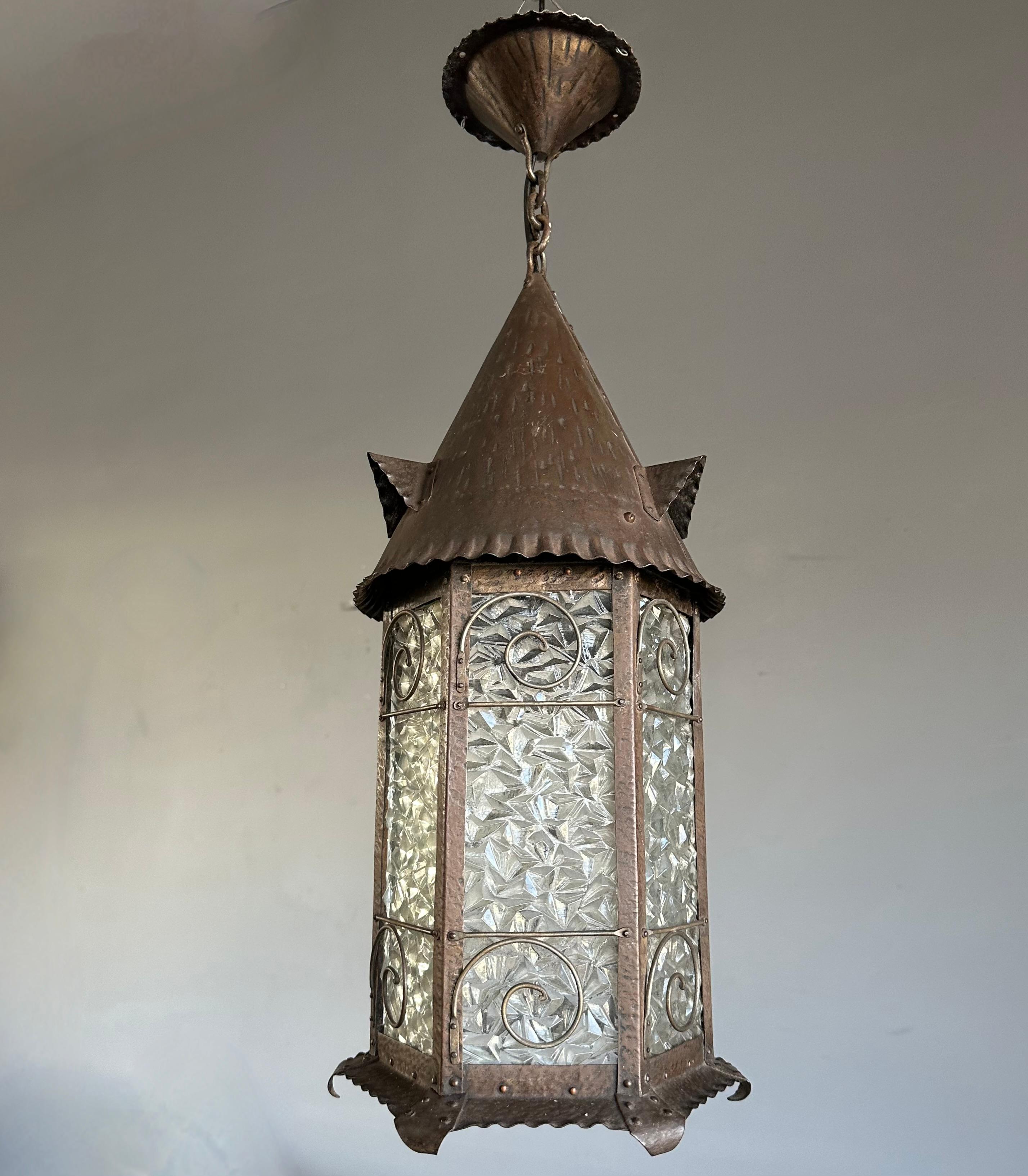 Rare Arts & Crafts Castle Tower Design Cathedral Glass Hallway Lantern / Pendant For Sale 8