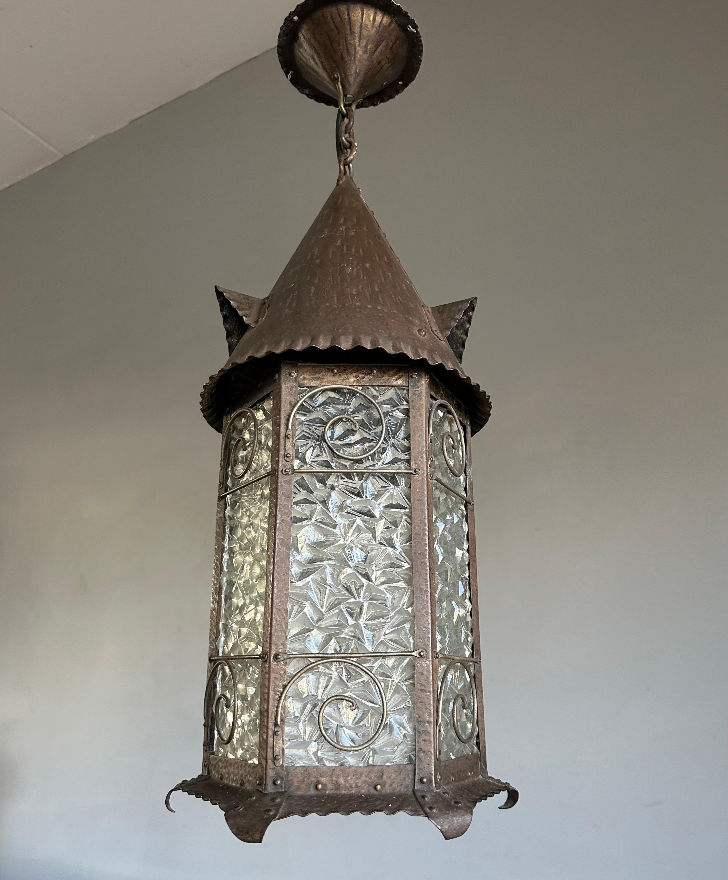 Rare Arts & Crafts Castle Tower Design Cathedral Glass Hallway Lantern / Pendant For Sale 10