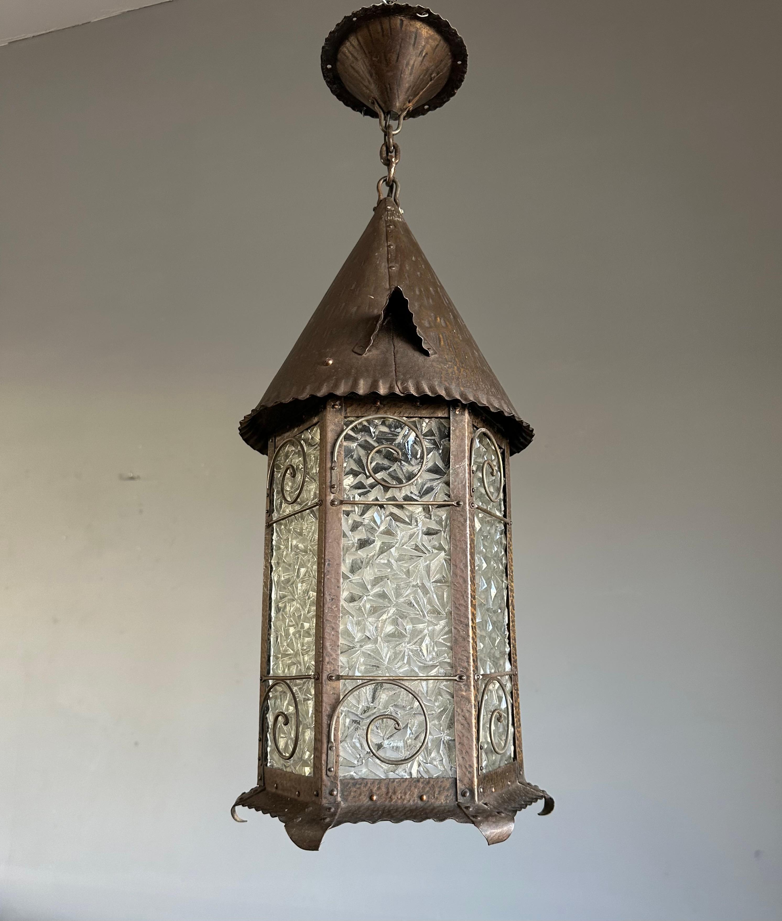 European Rare Arts & Crafts Castle Tower Design Cathedral Glass Hallway Lantern / Pendant For Sale