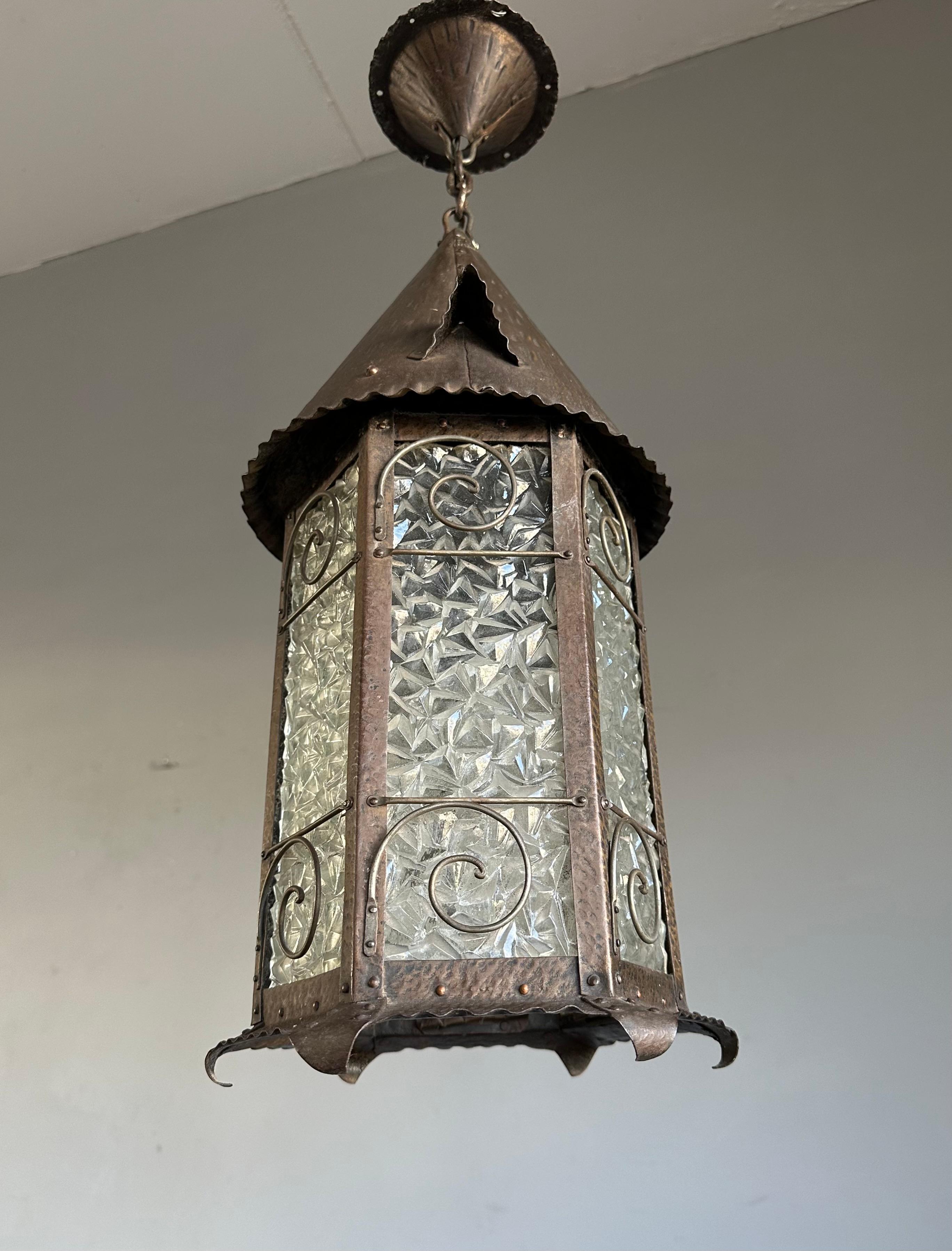Metalwork Rare Arts & Crafts Castle Tower Design Cathedral Glass Hallway Lantern / Pendant For Sale