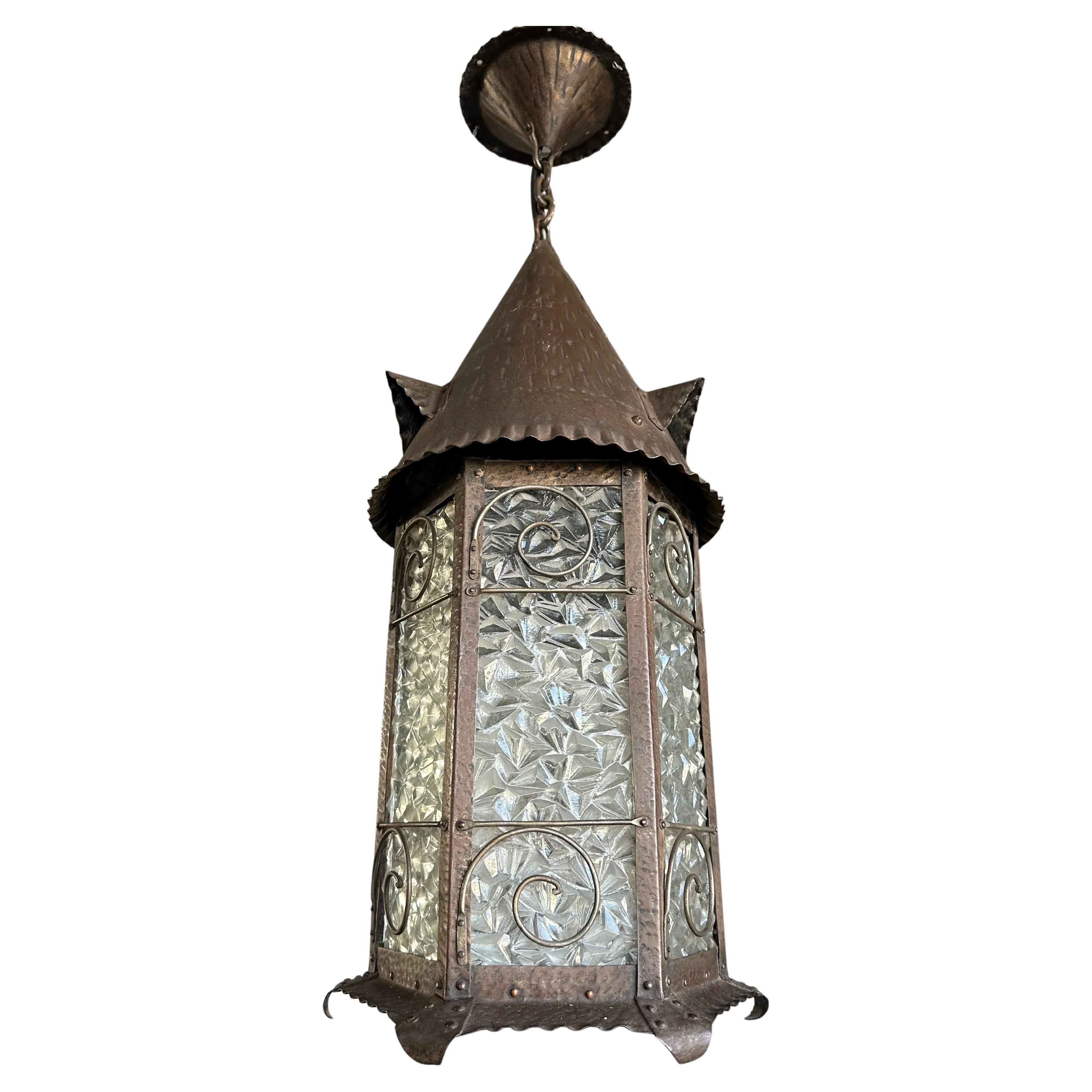 Rare Arts & Crafts Castle Tower Design Cathedral Glass Hallway Lantern / Pendant
