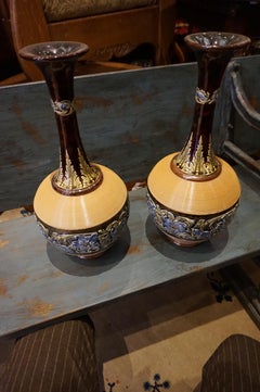 Rare Arts & Crafts Ceramic Royal Doulton Lambeth Glazed Gooseneck Vases