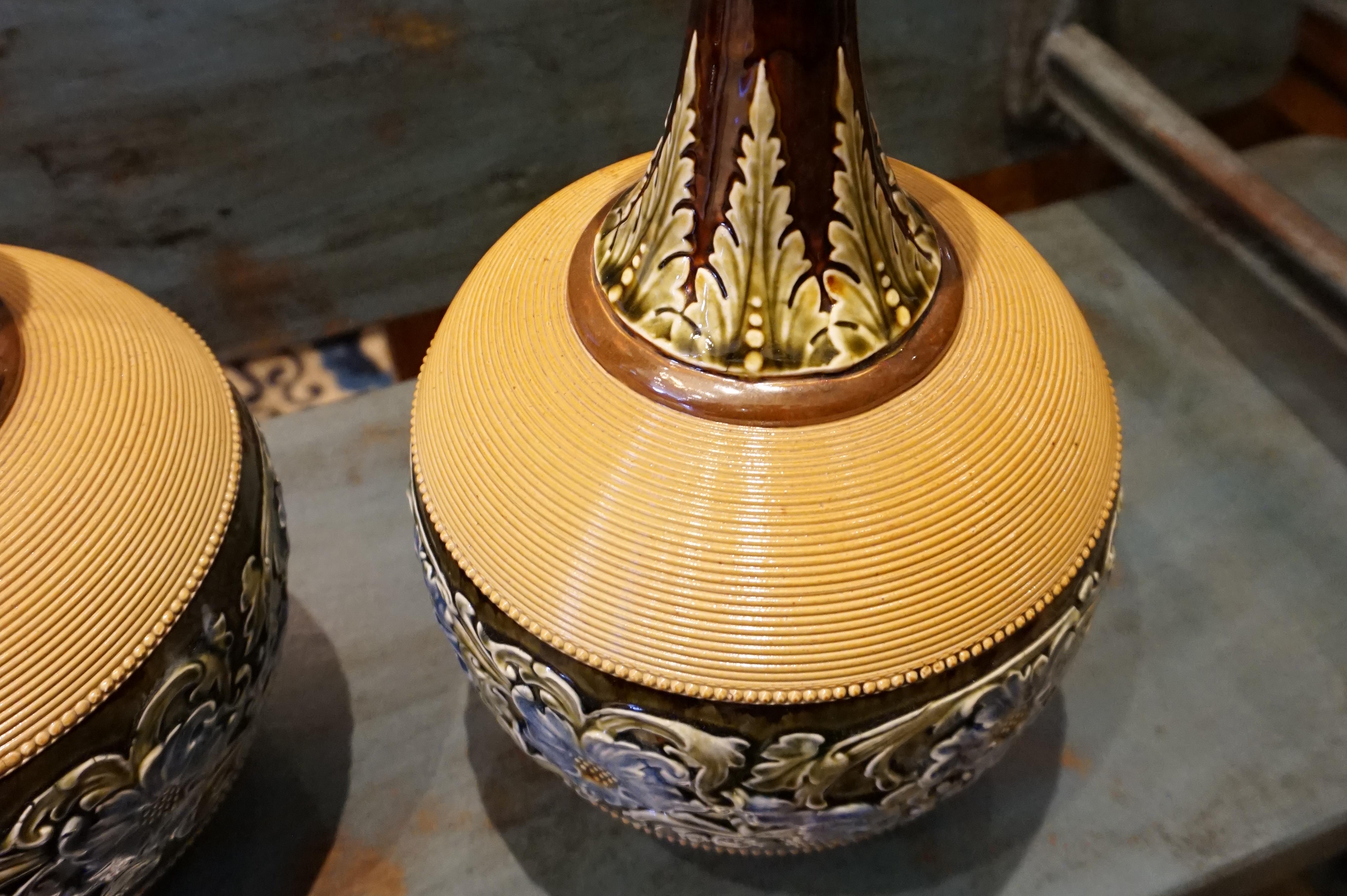 Rare Arts & Crafts Ceramic Royal Doulton Lambeth Glazed Gooseneck Vases In Good Condition In Vancouver, British Columbia