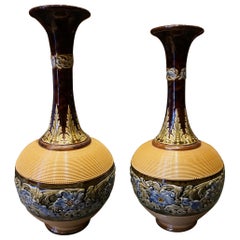 Rare Arts & Crafts Ceramic Royal Doulton Lambeth Glazed Gooseneck Vases 