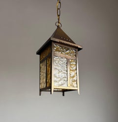 Rare Arts & Crafts Entry Hall Pendant with Textured Amber and Clear Glass Panels