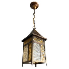 Rare Arts & Crafts Entry Hall Pendant with Textured Amber and Clear Glass Panels