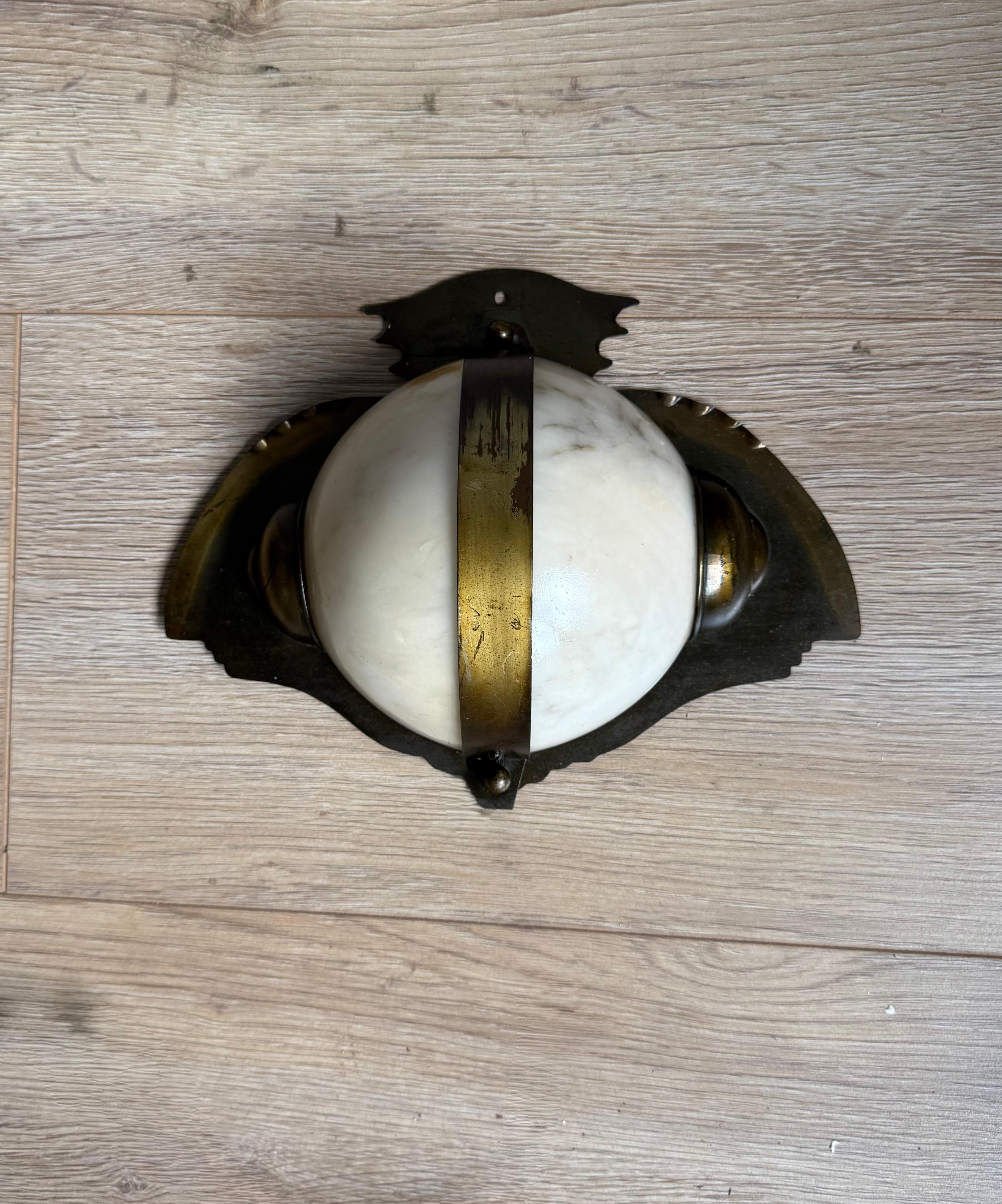 Rare Arts & Crafts Hand-Crafted Brass and Alabaster “Owl-Like” Wall Sconce 1930s For Sale 3