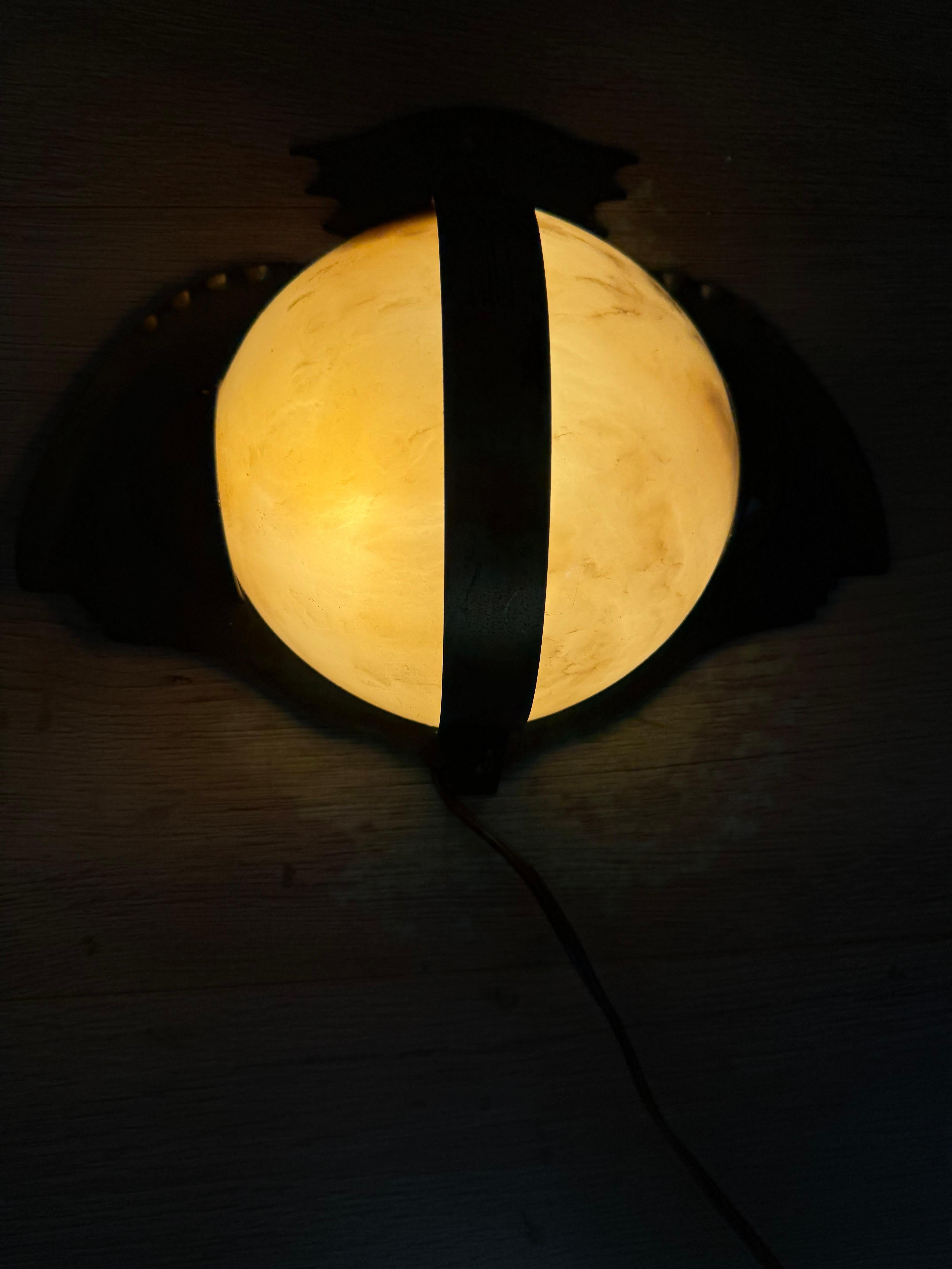 Rare Arts & Crafts Hand-Crafted Brass and Alabaster “Owl-Like” Wall Sconce 1930s For Sale 4