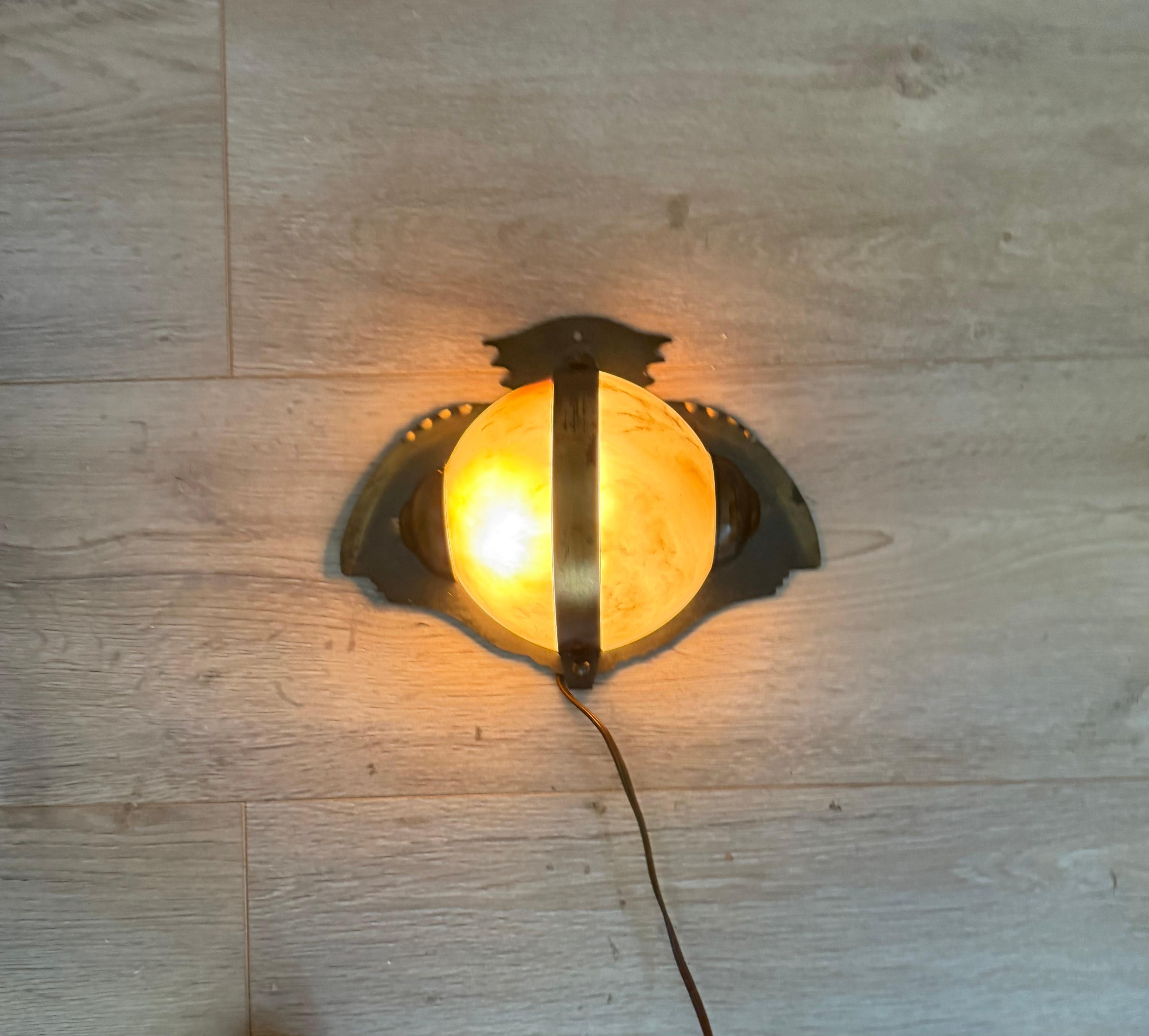 Rare Arts & Crafts Hand-Crafted Brass and Alabaster “Owl-Like” Wall Sconce 1930s For Sale 5