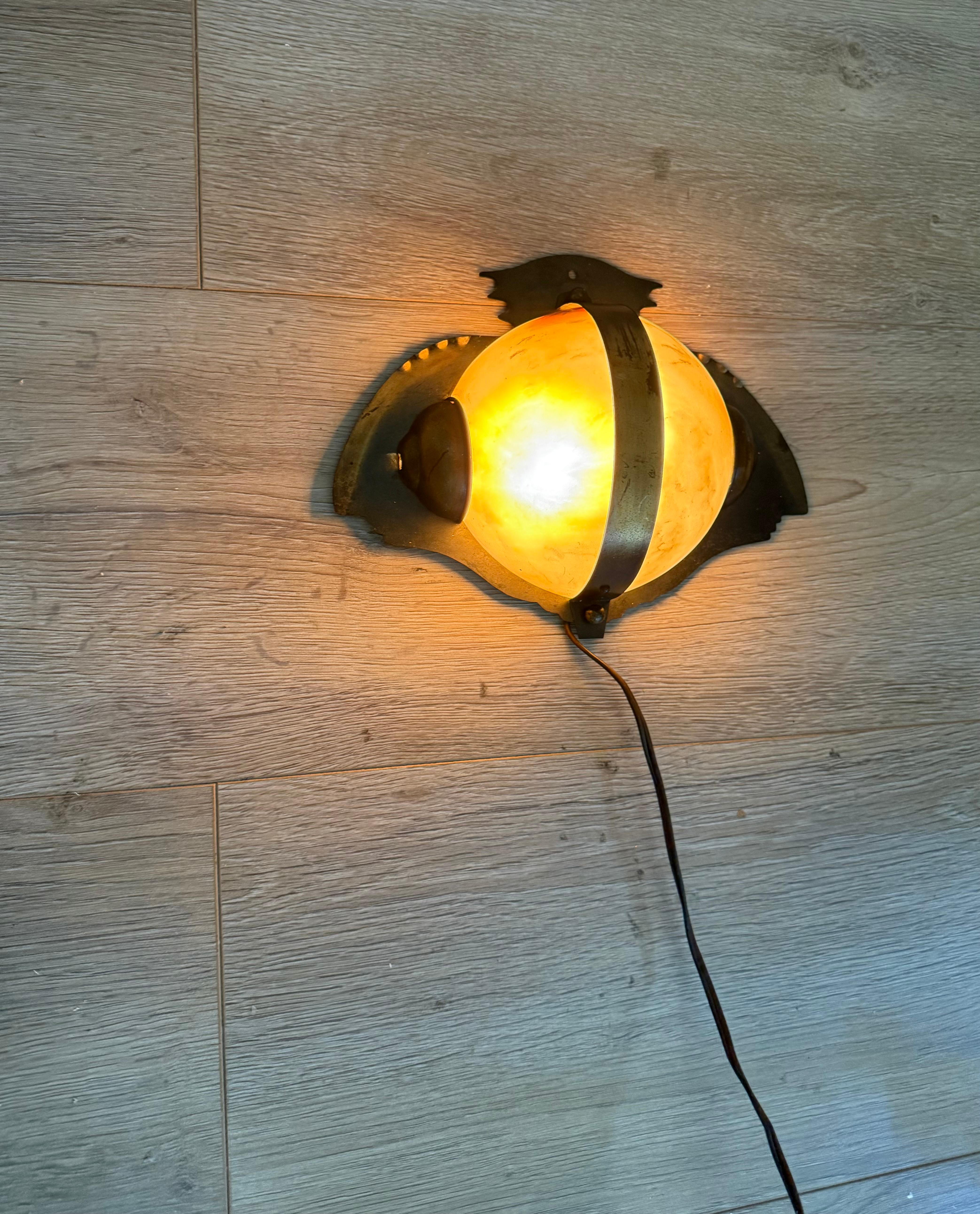 Rare Arts & Crafts Hand-Crafted Brass and Alabaster “Owl-Like” Wall Sconce 1930s For Sale 7