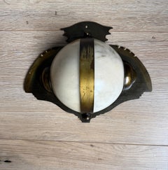 Rare Arts & Crafts Hand-Crafted Brass and Alabaster “Owl-Like” Wall Sconce 1930s