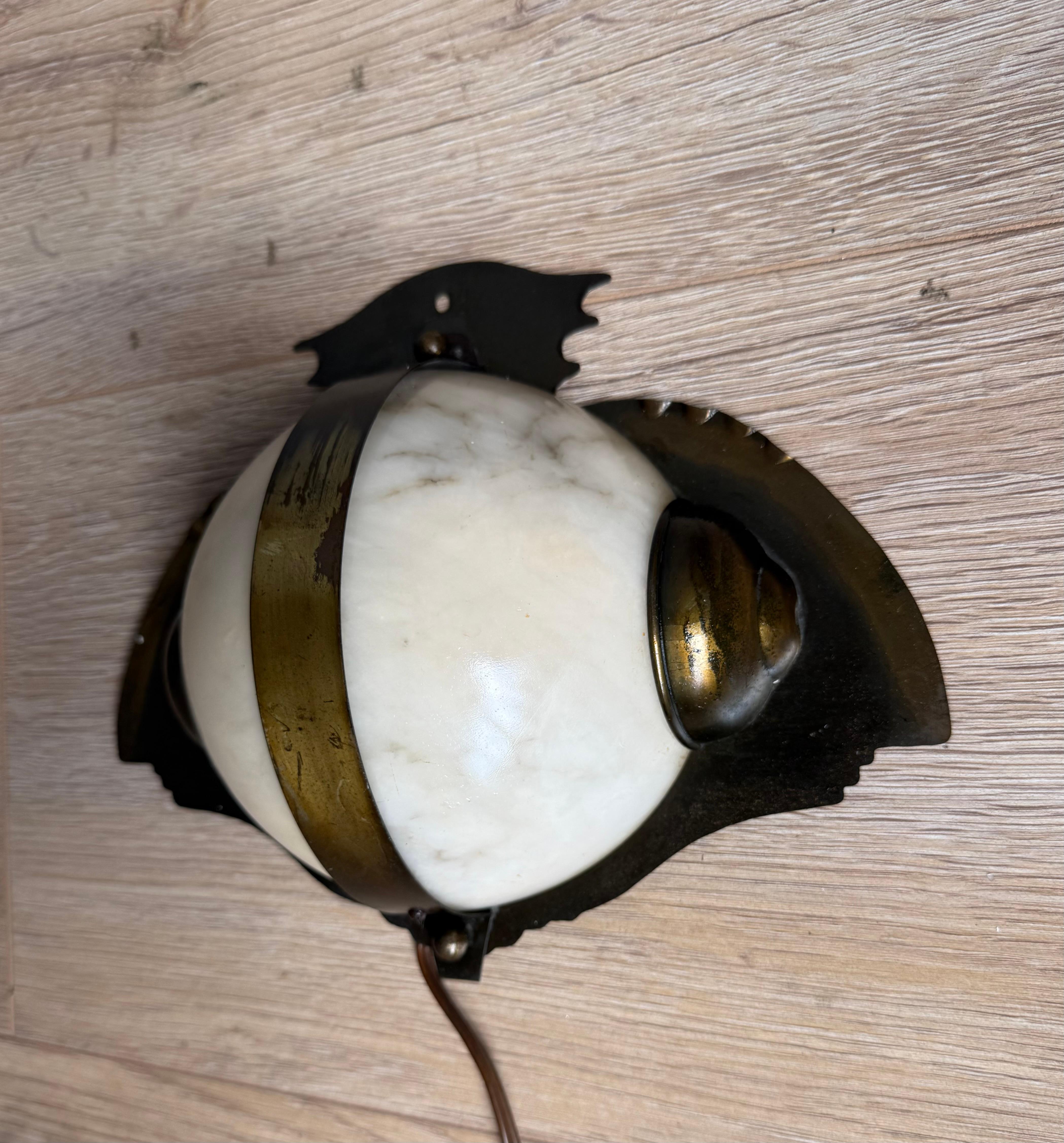Arts and Crafts Rare Arts & Crafts Hand-Crafted Brass and Alabaster “Owl-Like” Wall Sconce 1930s For Sale