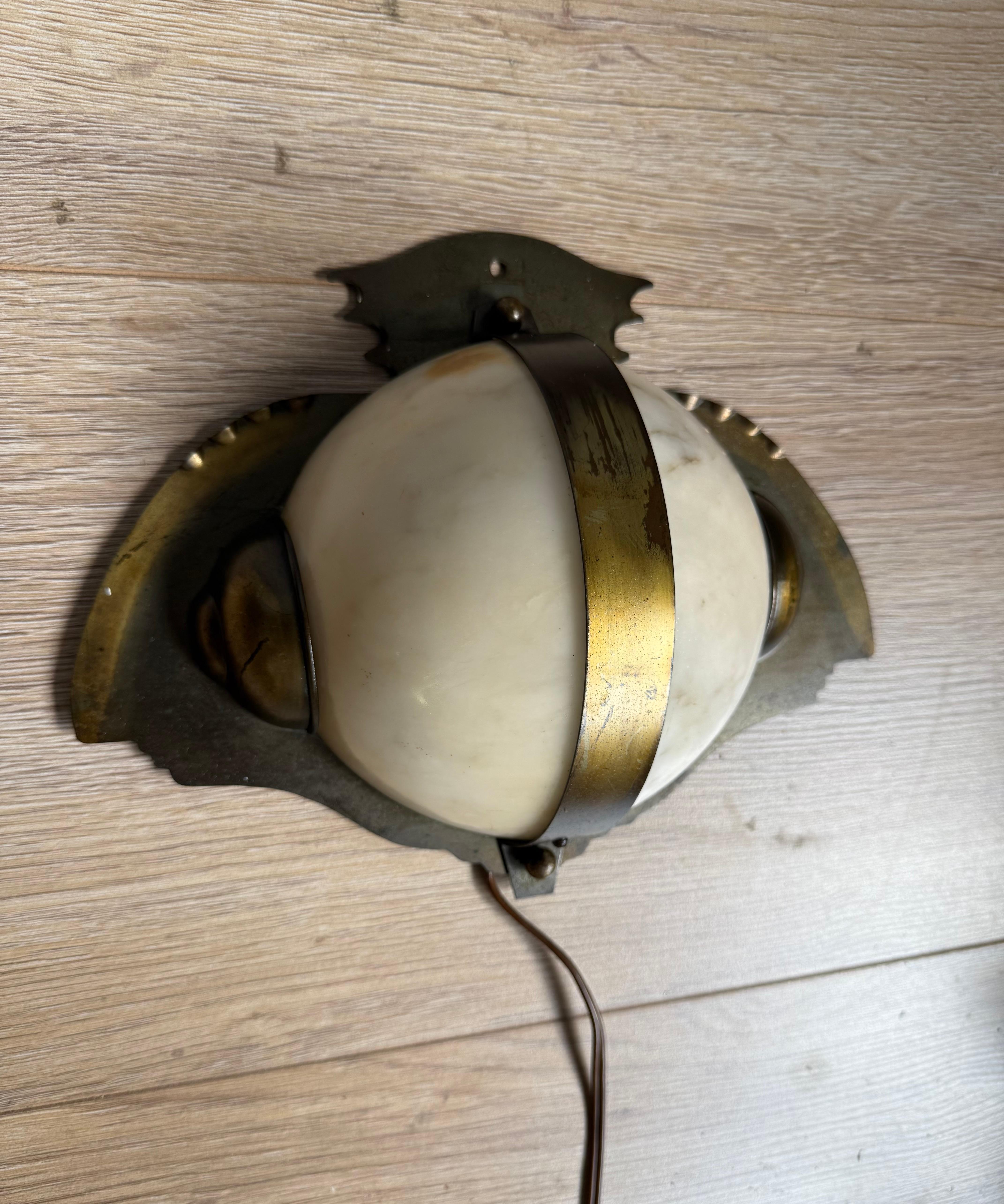 Hand-Carved Rare Arts & Crafts Hand-Crafted Brass and Alabaster “Owl-Like” Wall Sconce 1930s For Sale