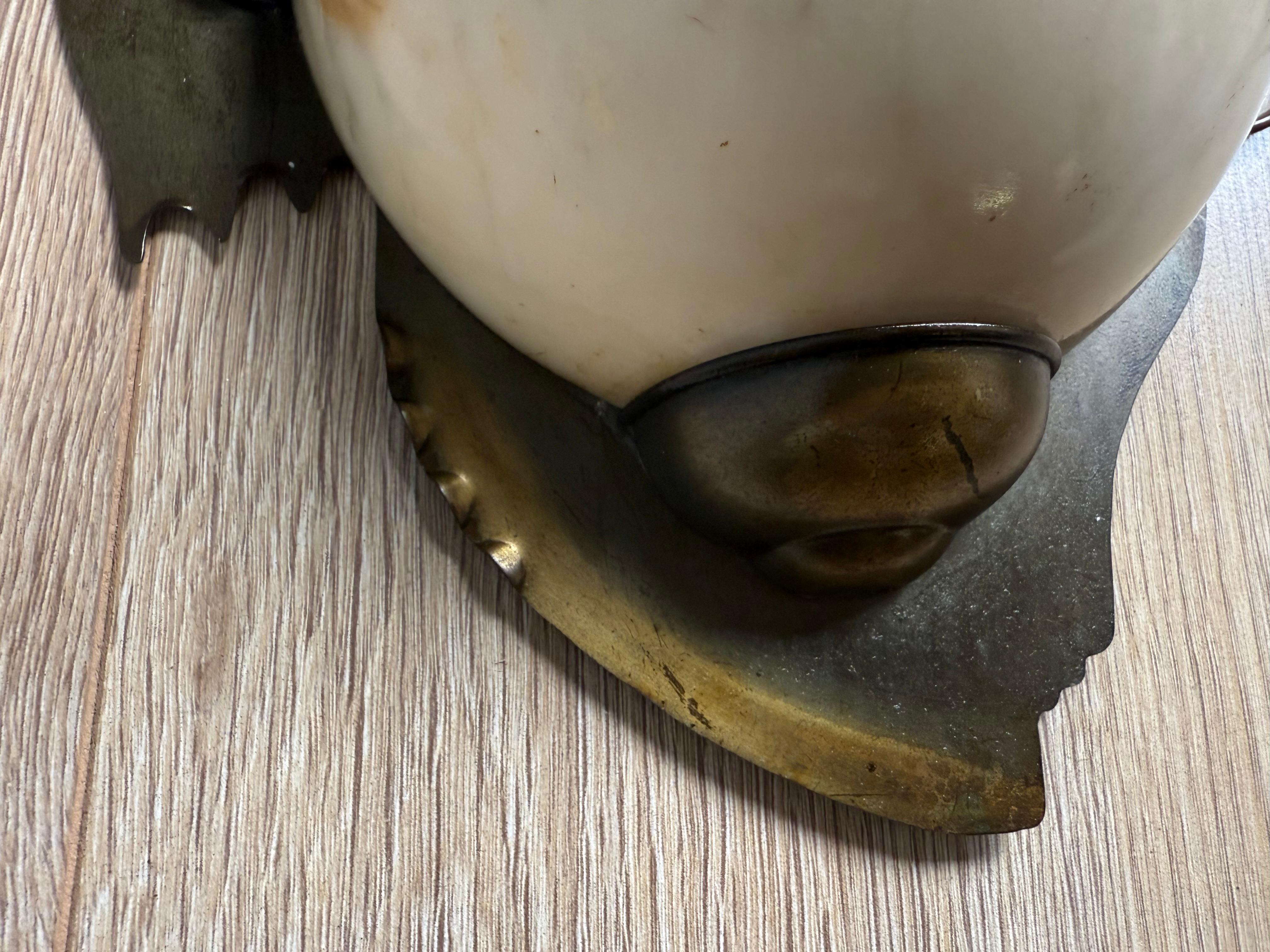 Rare Arts & Crafts Hand-Crafted Brass and Alabaster “Owl-Like” Wall Sconce 1930s In Good Condition For Sale In Lisse, NL