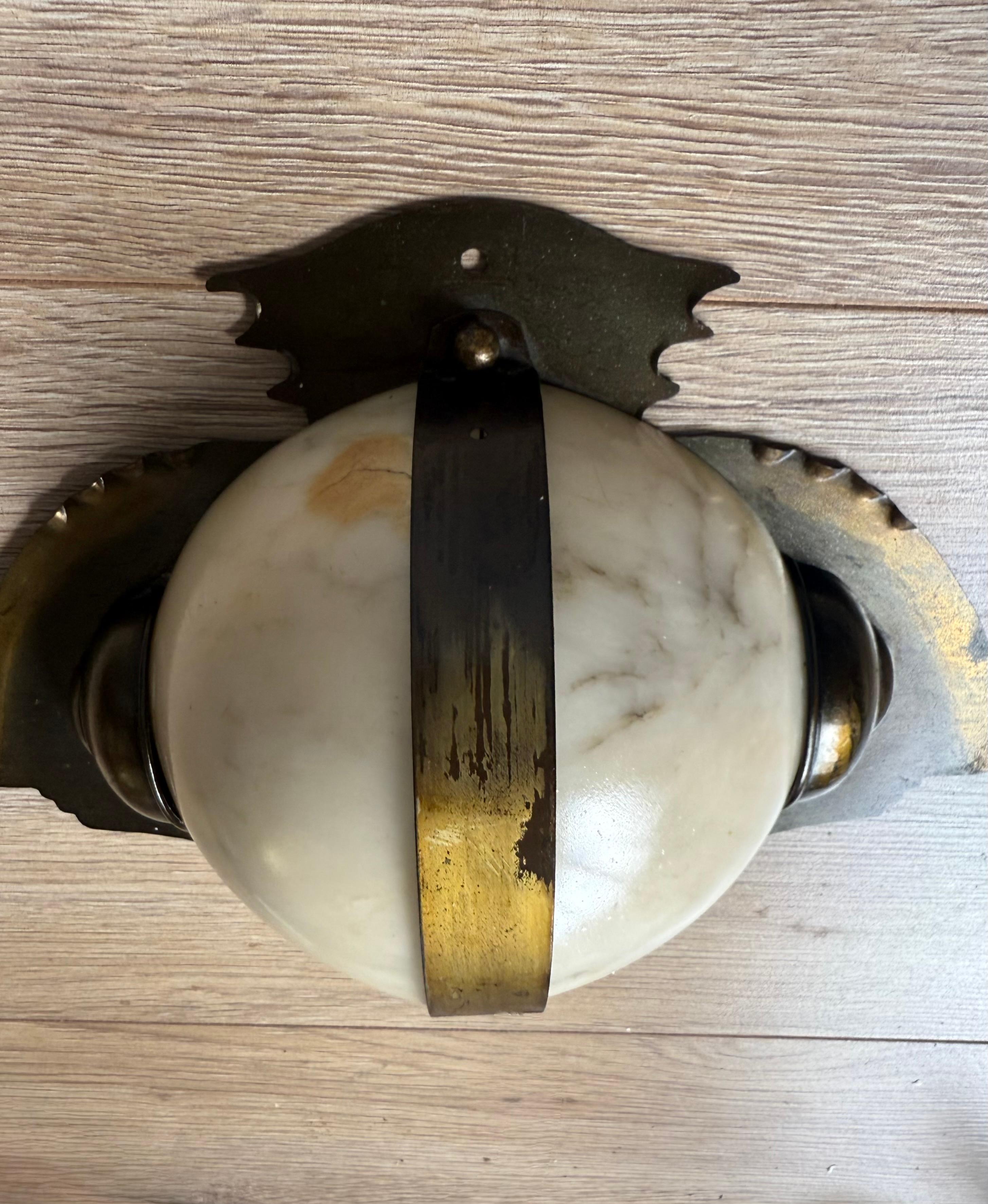 20th Century Rare Arts & Crafts Hand-Crafted Brass and Alabaster “Owl-Like” Wall Sconce 1930s For Sale