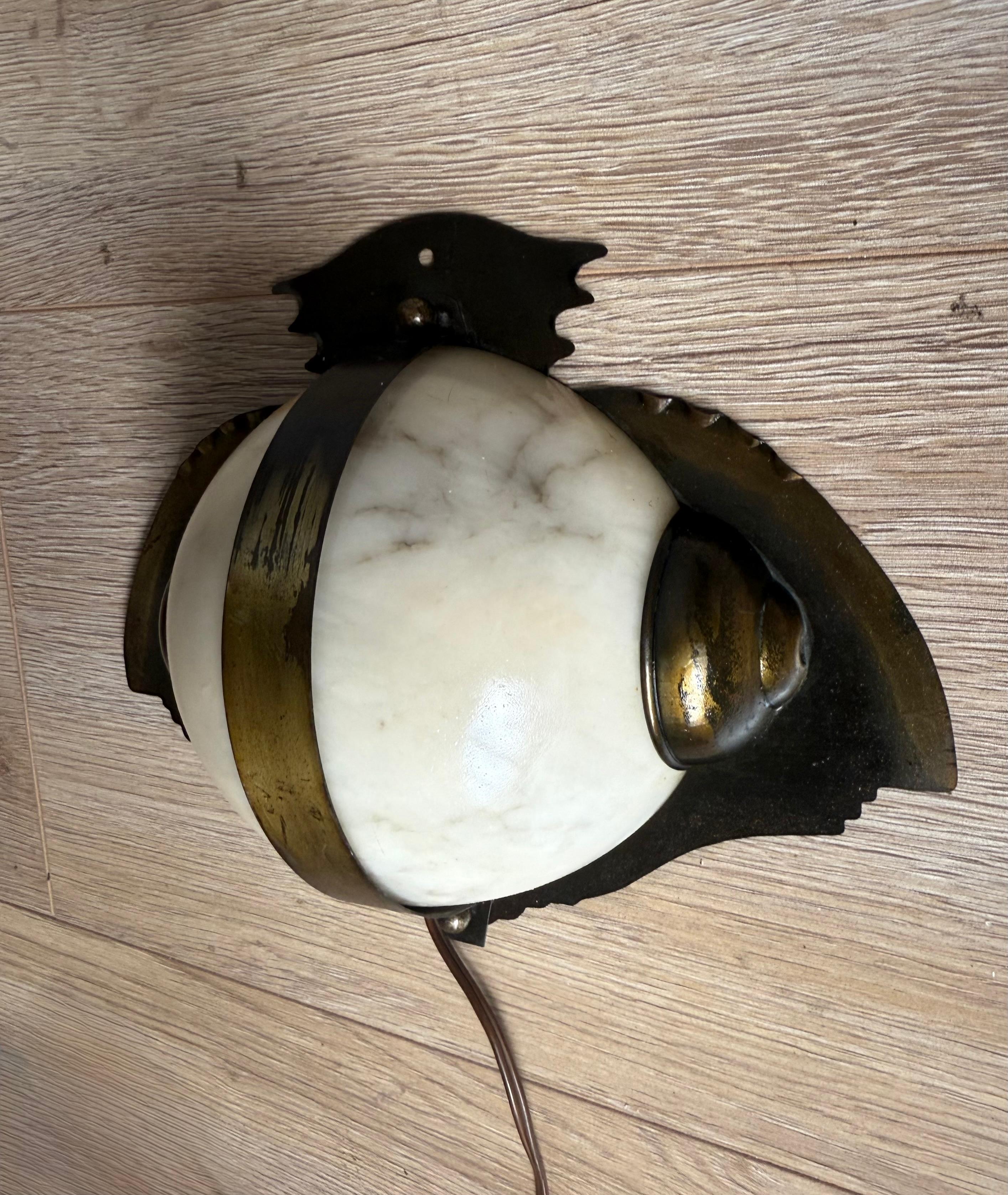 Rare Arts & Crafts Hand-Crafted Brass and Alabaster “Owl-Like” Wall Sconce 1930s For Sale 1