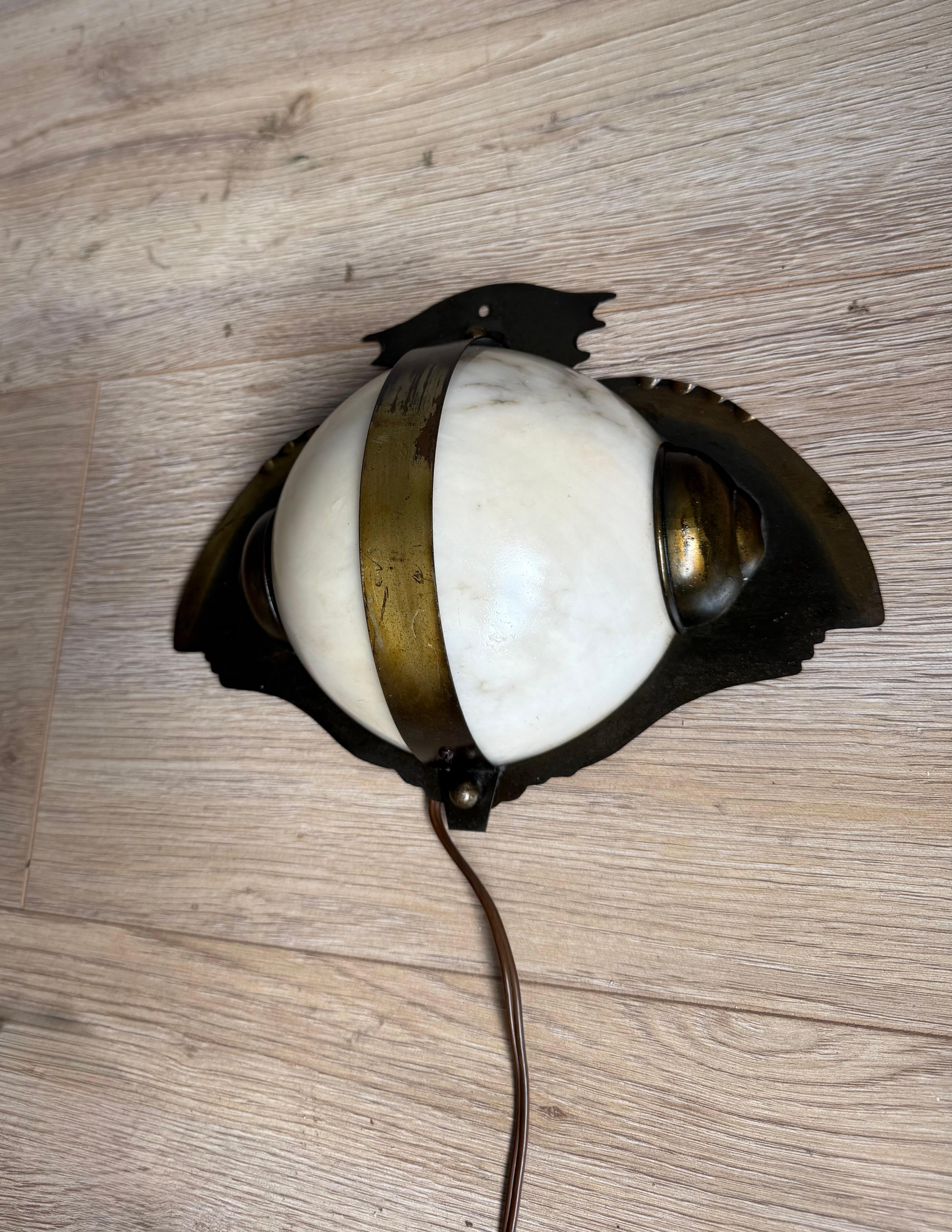 Rare Arts & Crafts Hand-Crafted Brass and Alabaster “Owl-Like” Wall Sconce 1930s For Sale 2