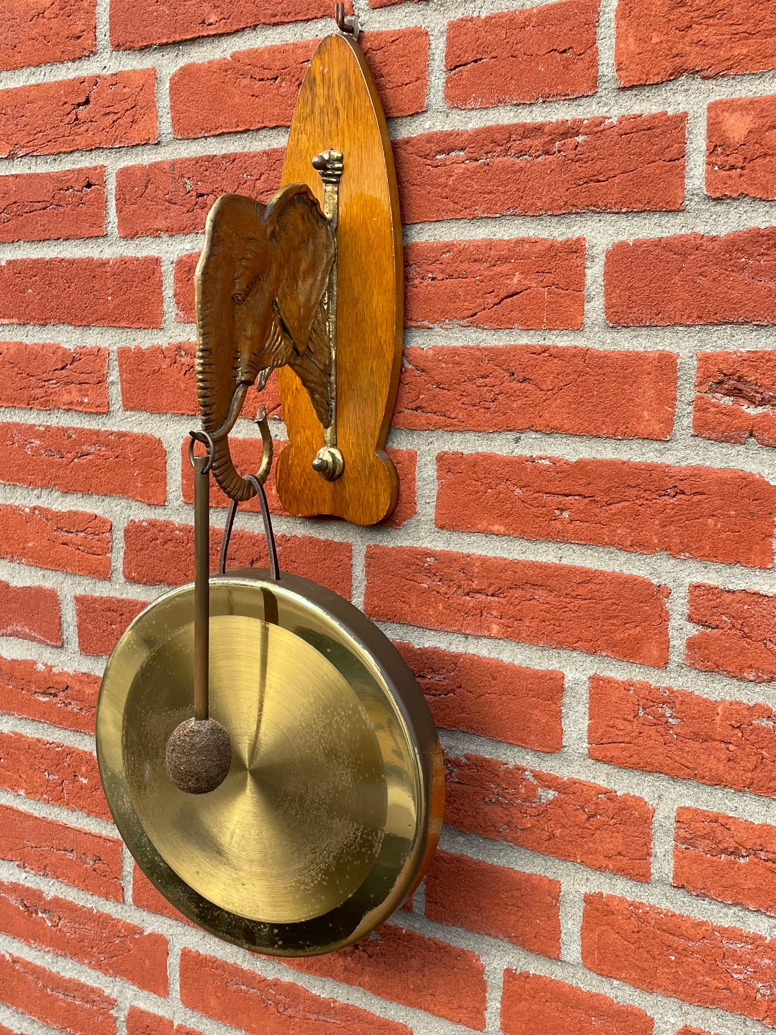 Polished Rare Arts & Crafts House Gong for Wall Mounting with Bronze Elephant Sculpture For Sale