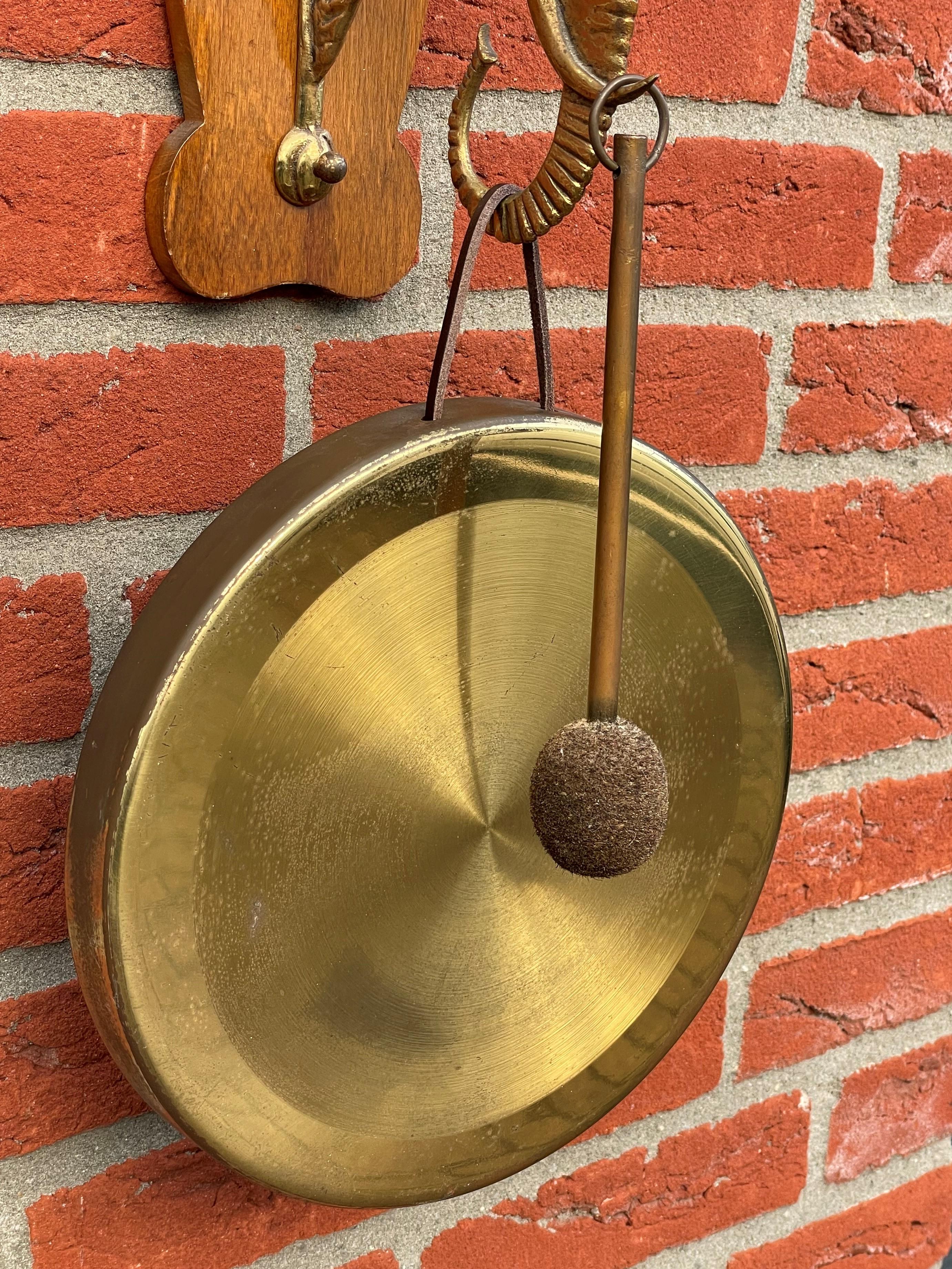 Brass Rare Arts & Crafts House Gong for Wall Mounting with Bronze Elephant Sculpture For Sale