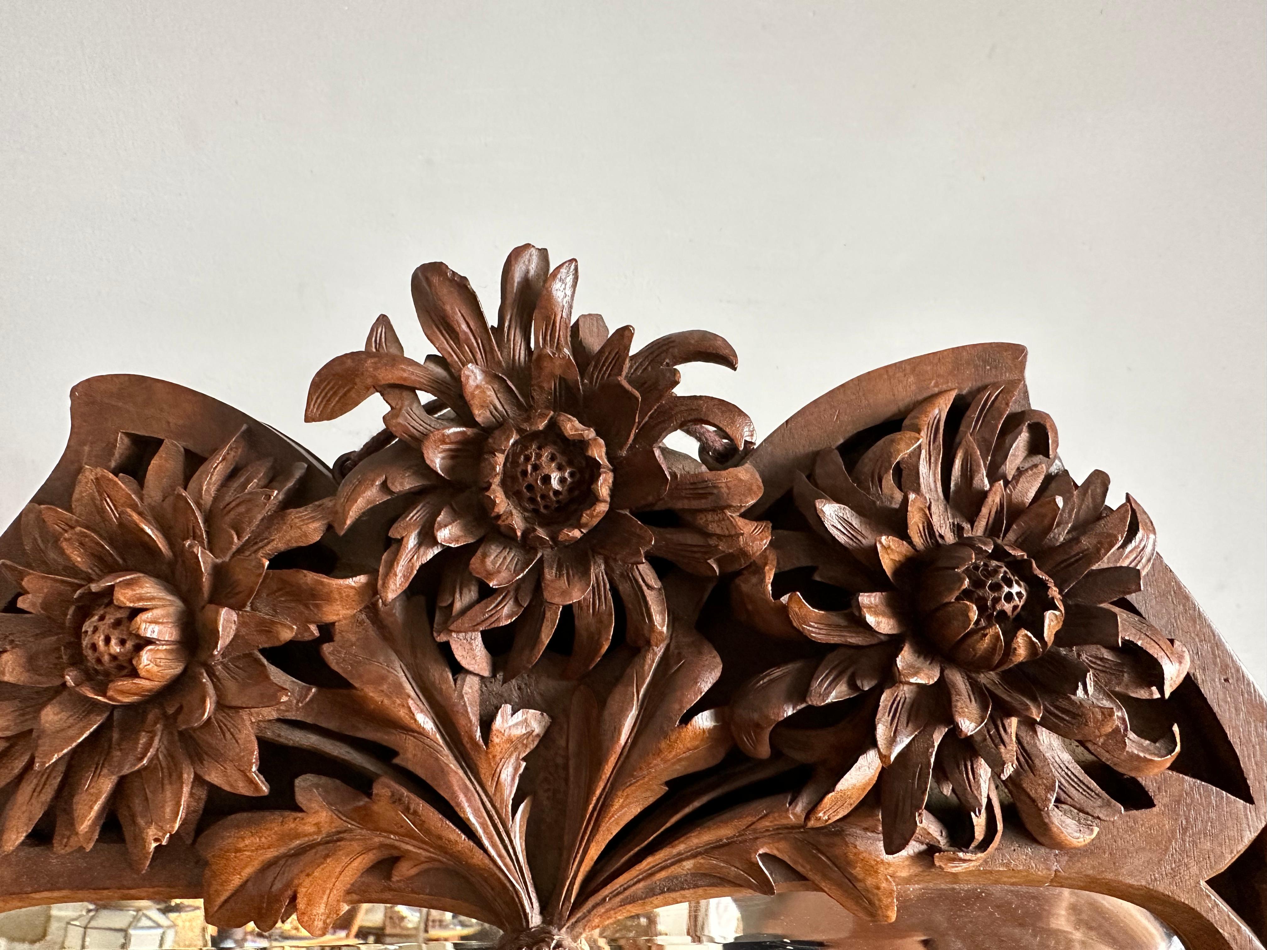 Rare Arts & Crafts Nutwood Wall or Table Mirror w. Hand Carved Blooming Flowers For Sale 5