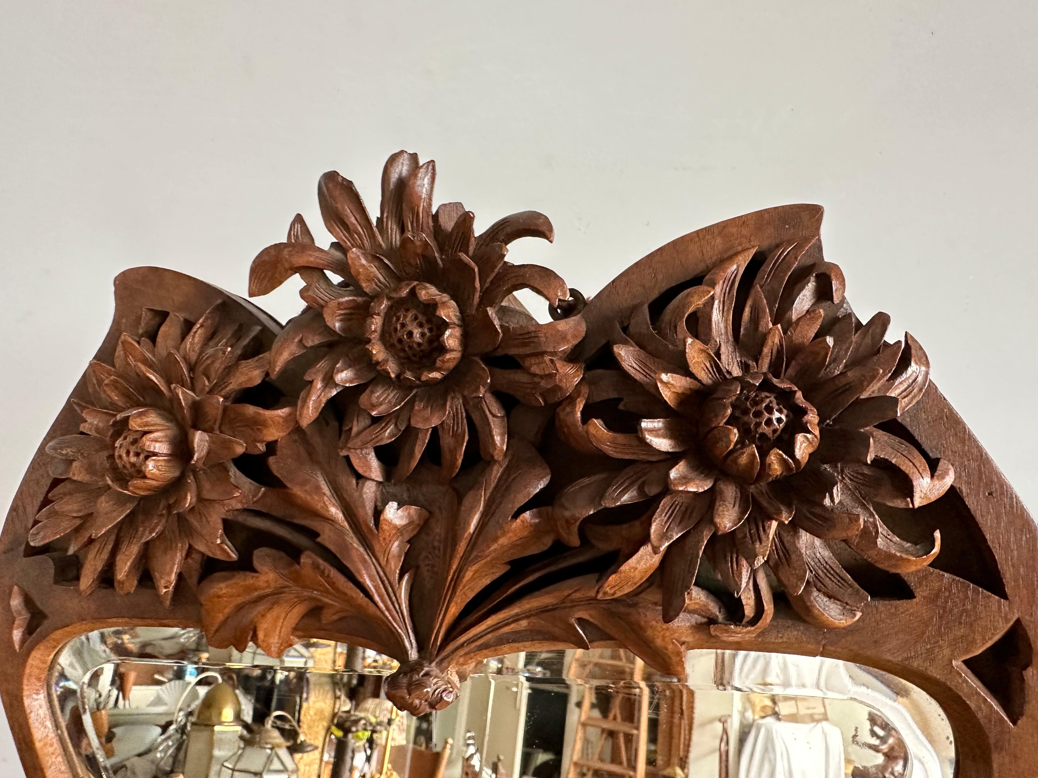 Rare Arts & Crafts Nutwood Wall or Table Mirror w. Hand Carved Blooming Flowers For Sale 6
