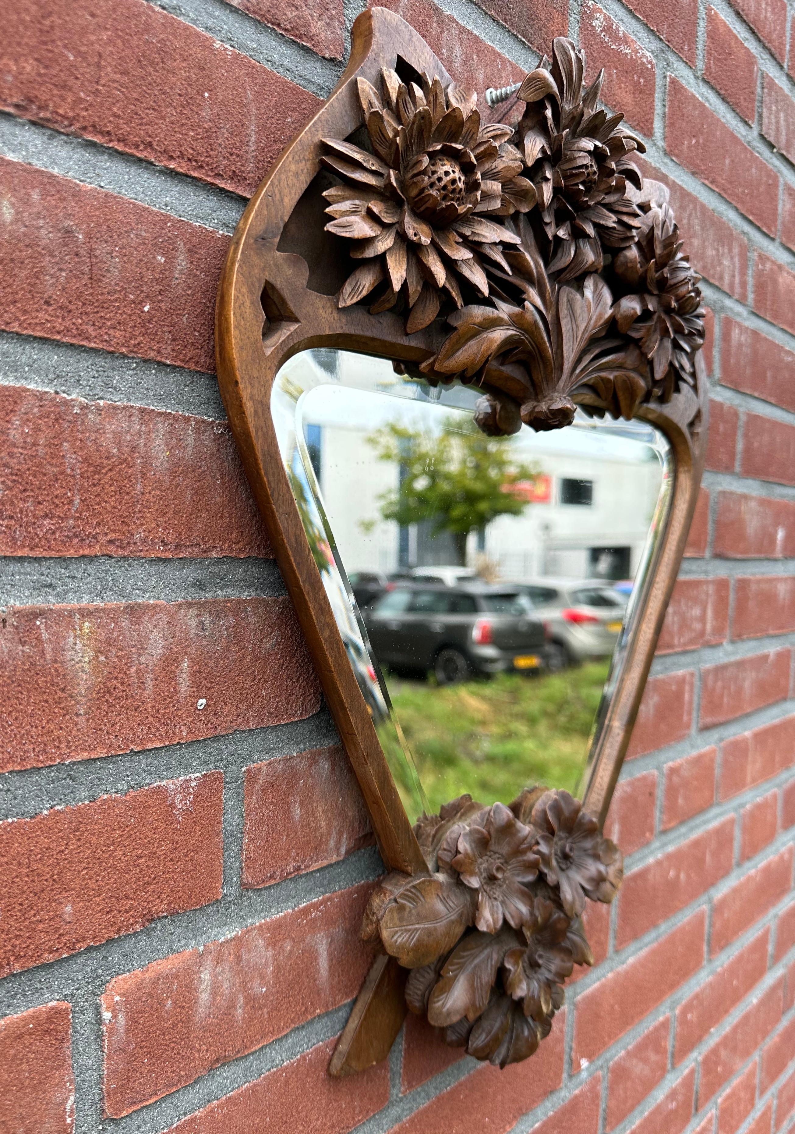 Rare Arts & Crafts Nutwood Wall or Table Mirror w. Hand Carved Blooming Flowers For Sale 7