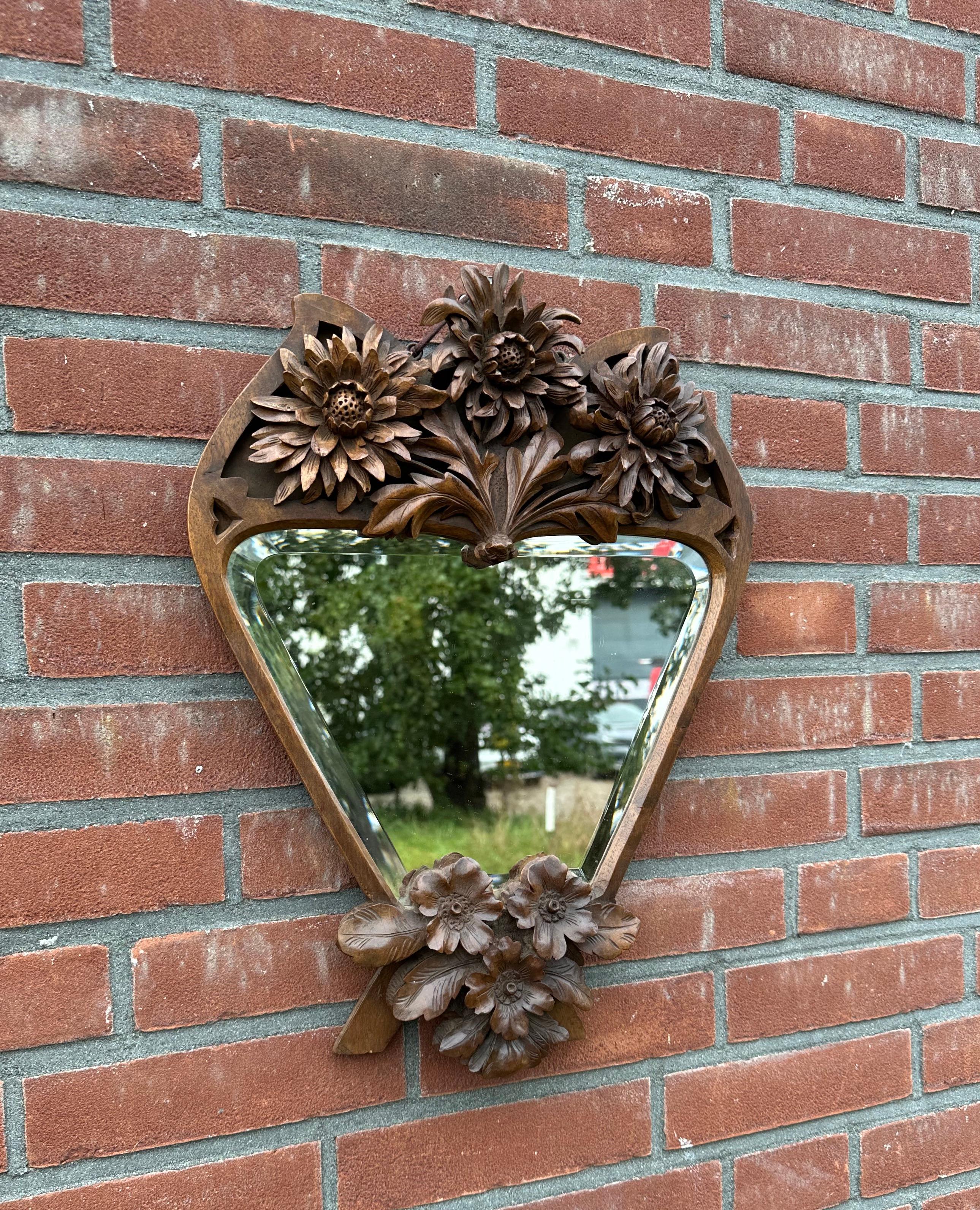Rare Arts & Crafts Nutwood Wall or Table Mirror w. Hand Carved Blooming Flowers For Sale 8