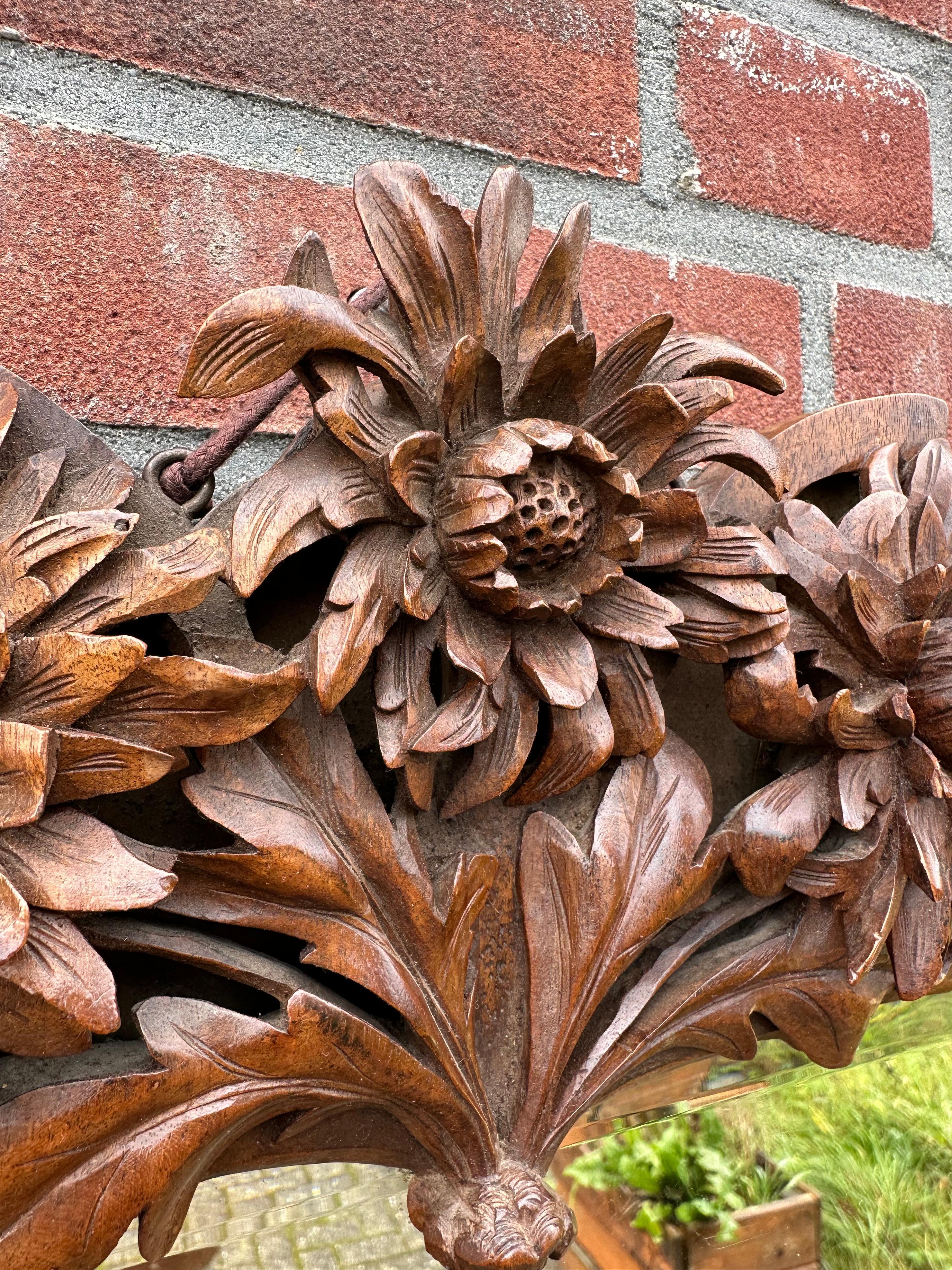 Rare Arts & Crafts Nutwood Wall or Table Mirror w. Hand Carved Blooming Flowers For Sale 10