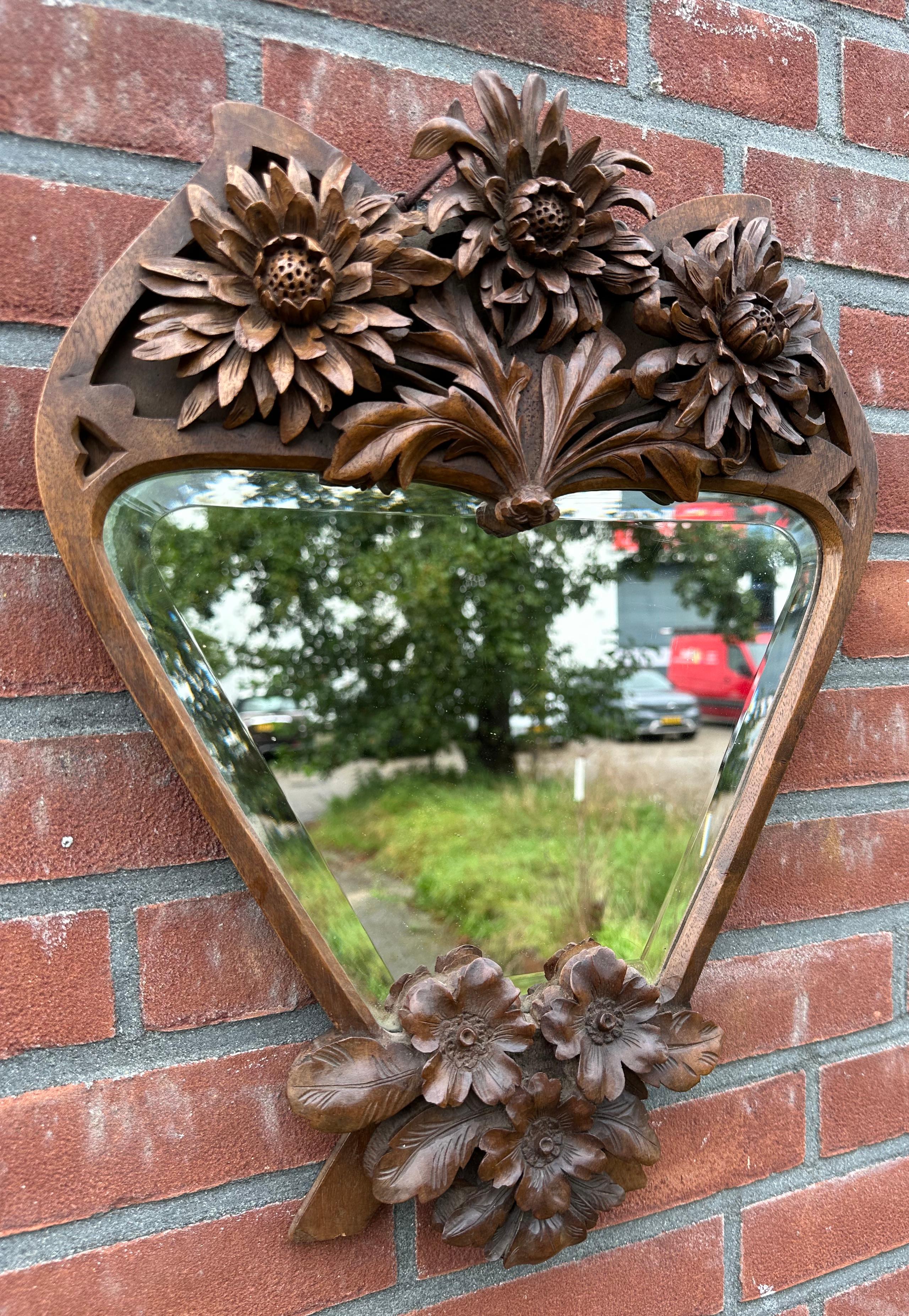 Rare Arts & Crafts Nutwood Wall or Table Mirror w. Hand Carved Blooming Flowers For Sale 12