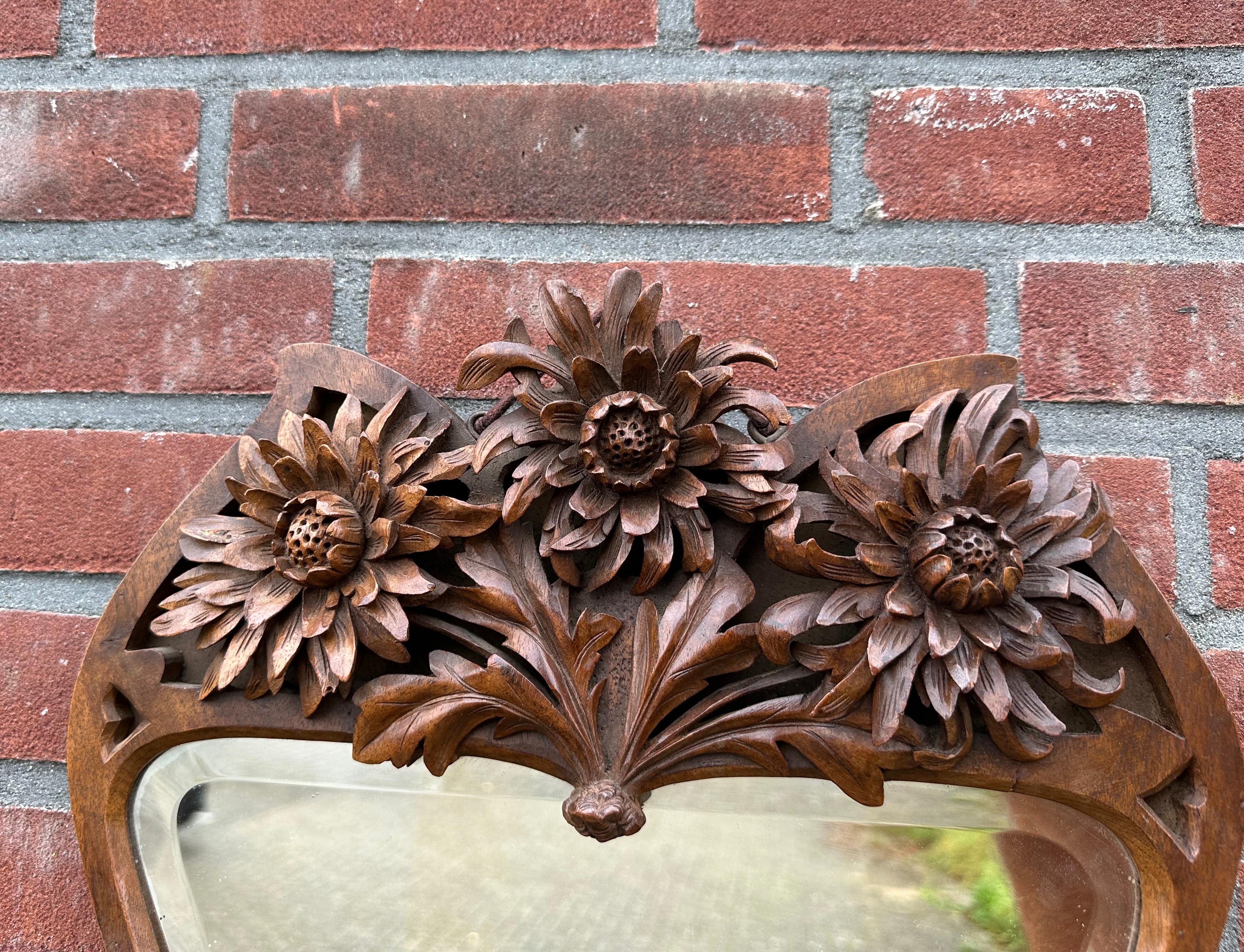 Arts and Crafts Rare Arts & Crafts Nutwood Wall or Table Mirror w. Hand Carved Blooming Flowers For Sale